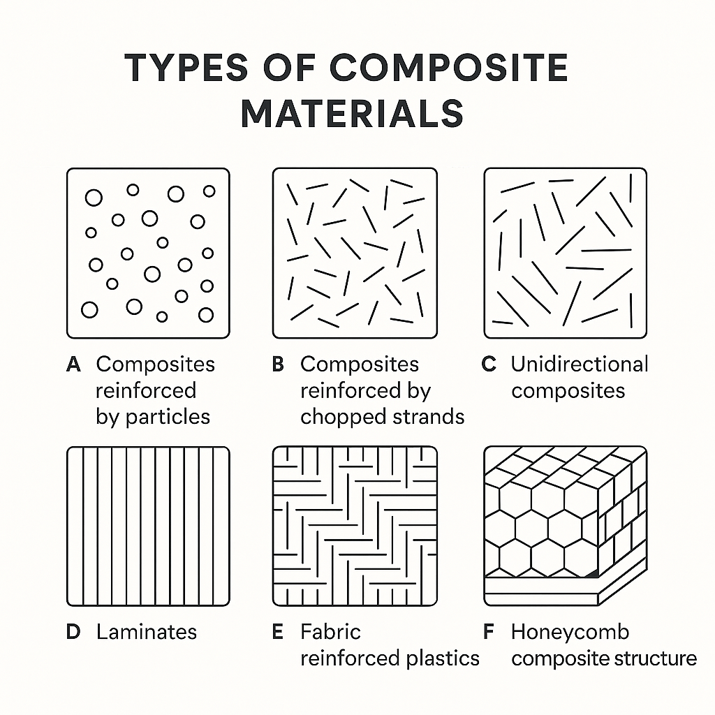 Infographic illustrating six types of composite materials, each with a distinct reinforcement pattern and clear labels.