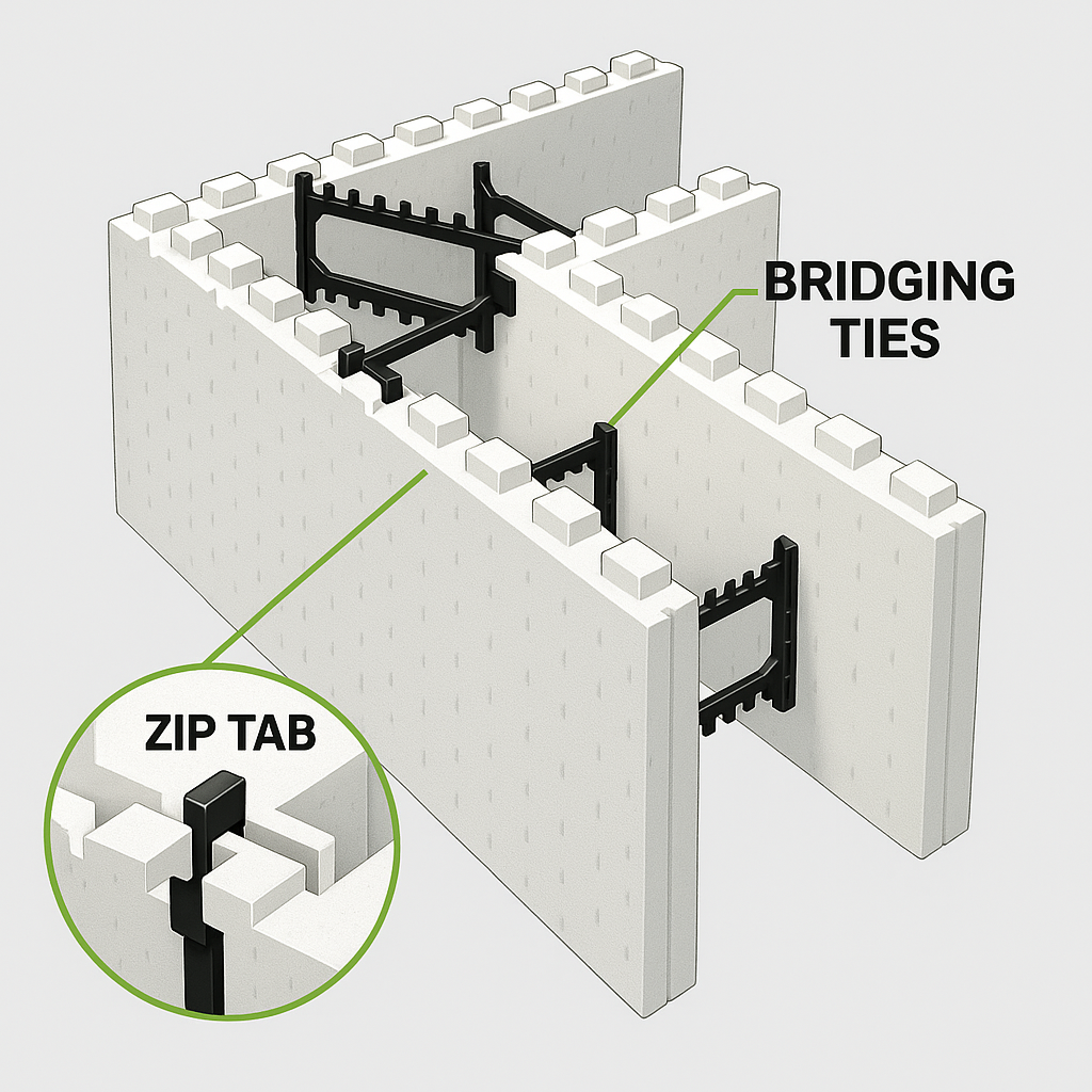 Diagram of concrete block showing ridging ties and ZIP tab close-up.
