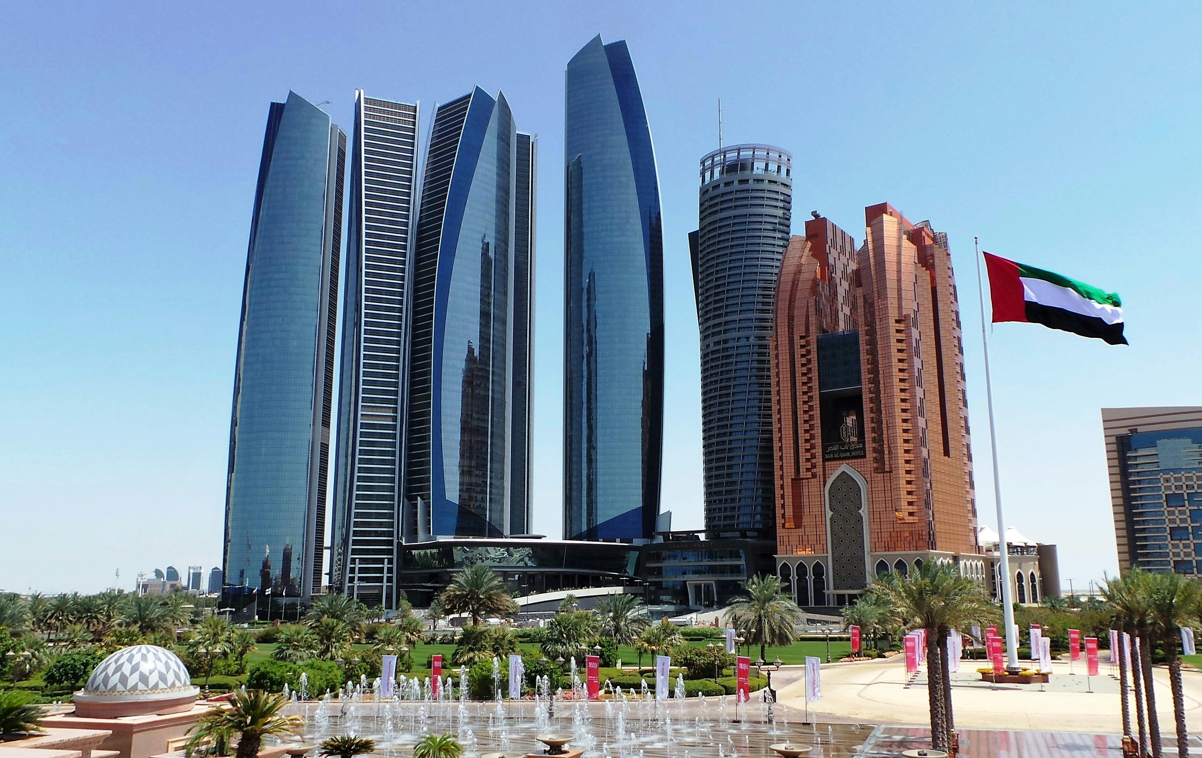 Modern architecture of Conrad Abu Dhabi Etihad Towers in Abu Dhabi, UAE.