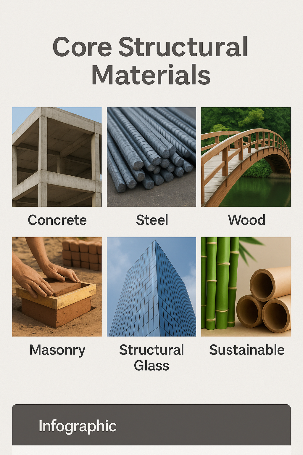 Infographic showing core structural materials in architecture, including concrete, steel, wood, and more.
