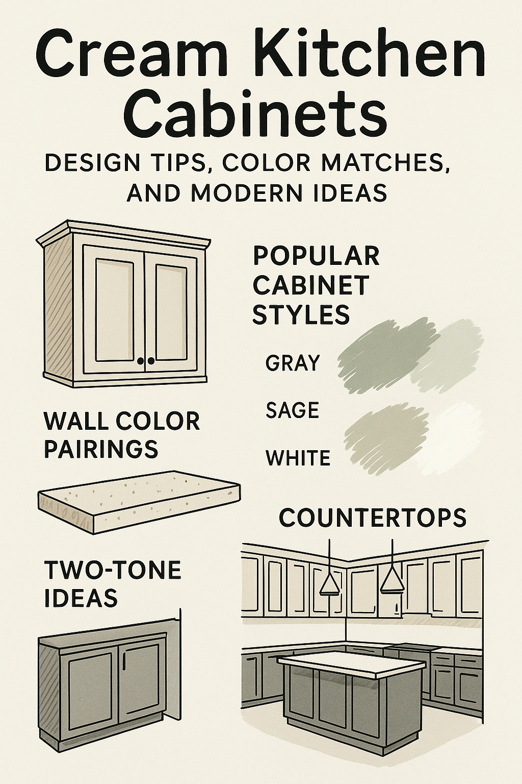 Infographic showing modern design tips and color pairings for cream kitchen cabinets