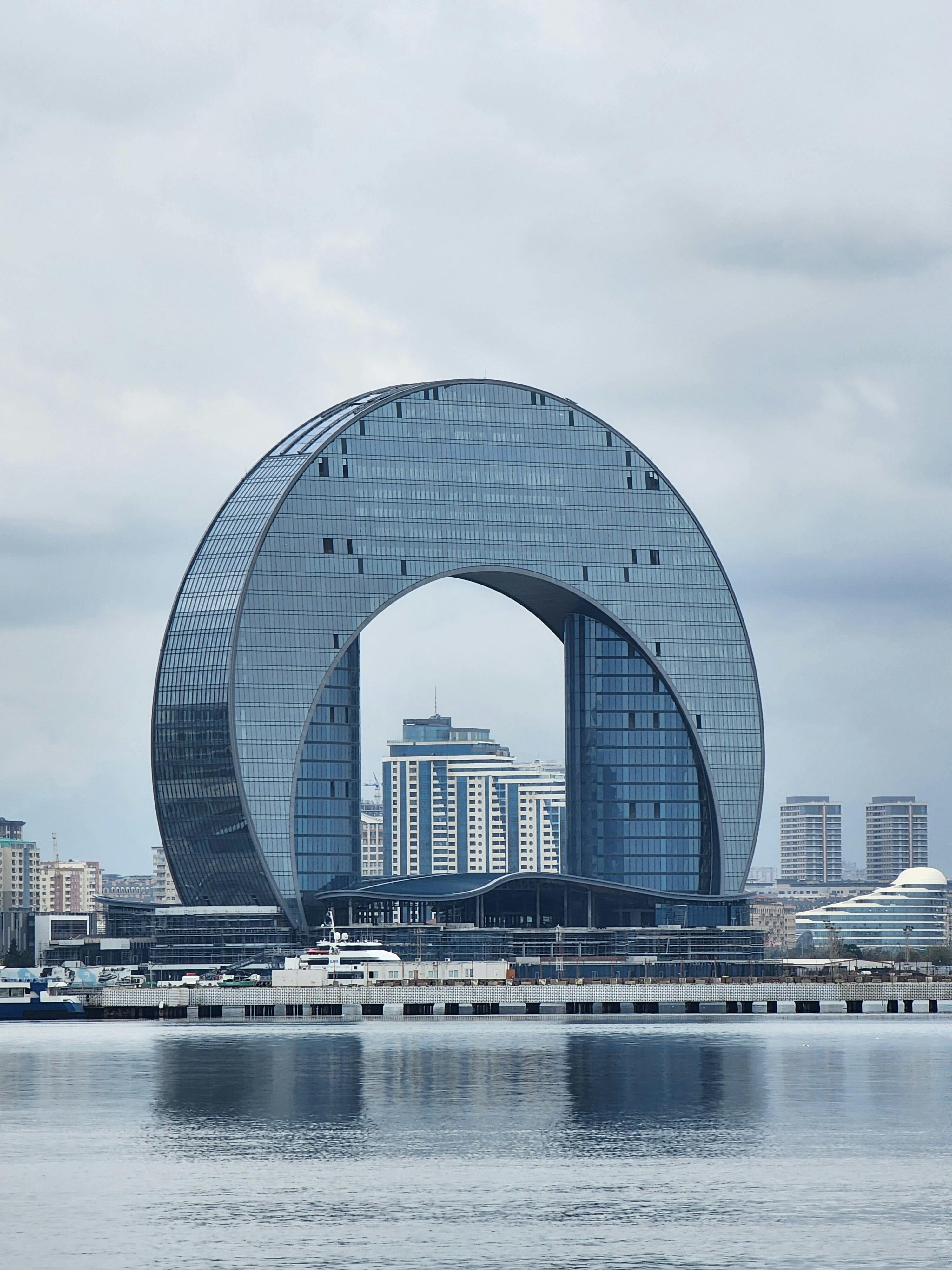 Modern architecture of the Crescent Hotel in Baku, Azerbaijan.