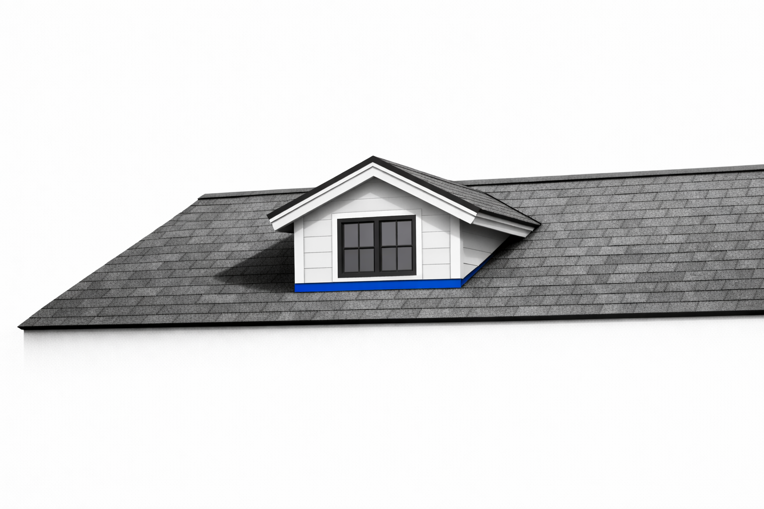 Dormer roof inserted into a main sloped roof plane.
