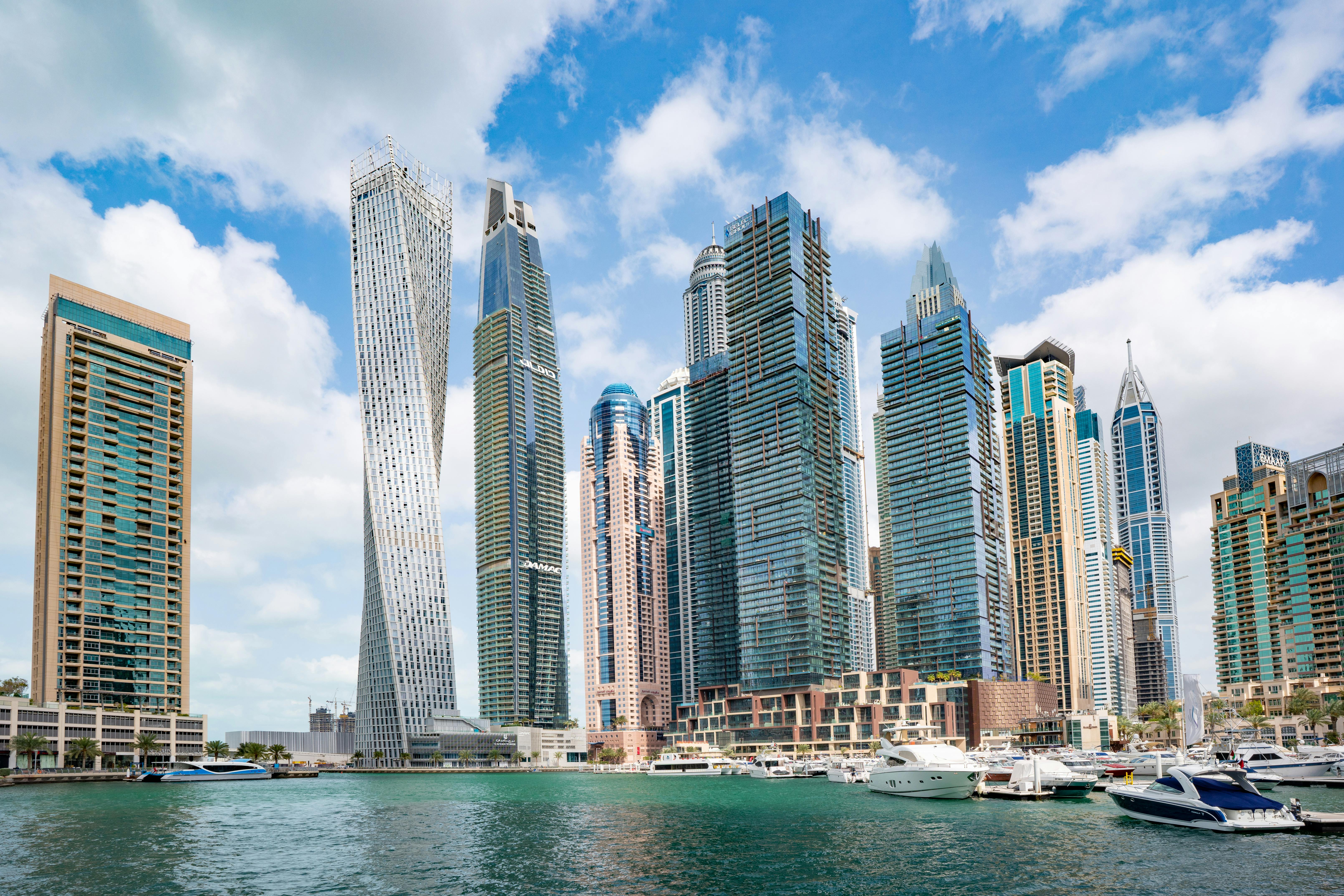 Modern high-rise buildings in Dubai showcasing contemporary architectural design.