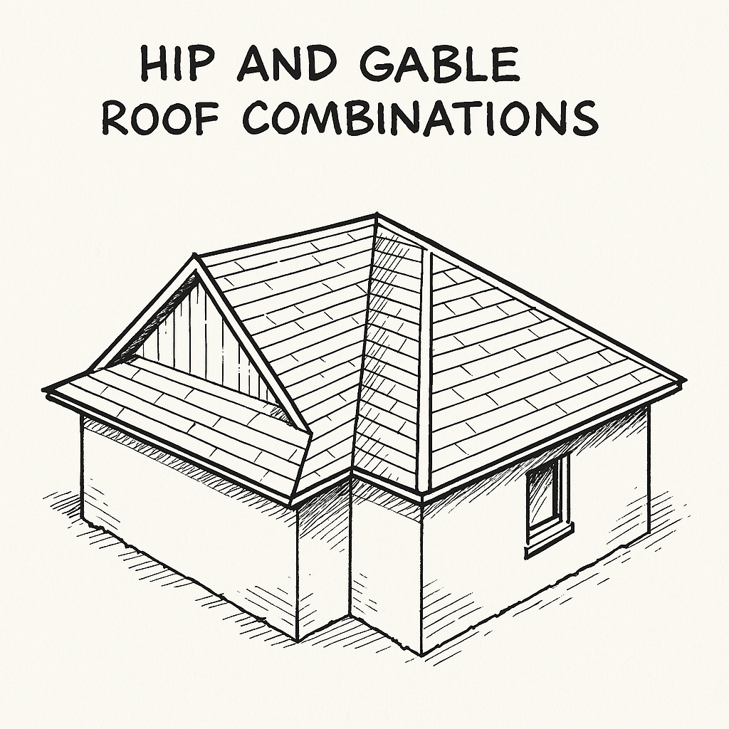 Professional hand-drawn sketch showing a house with hip and gable roof combinations, labeled clearly.