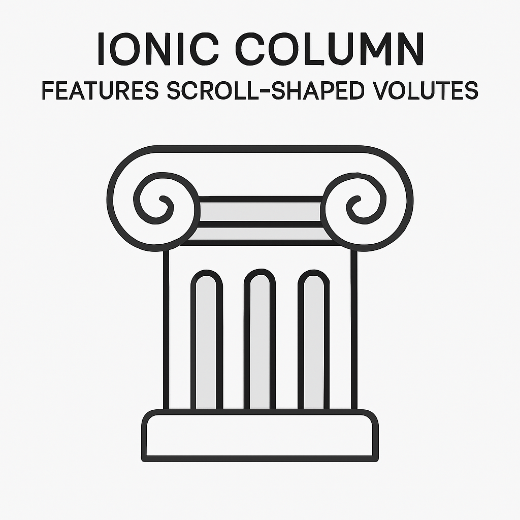 Diagram of an Ionic column with scroll-shaped volutes and classical proportions.