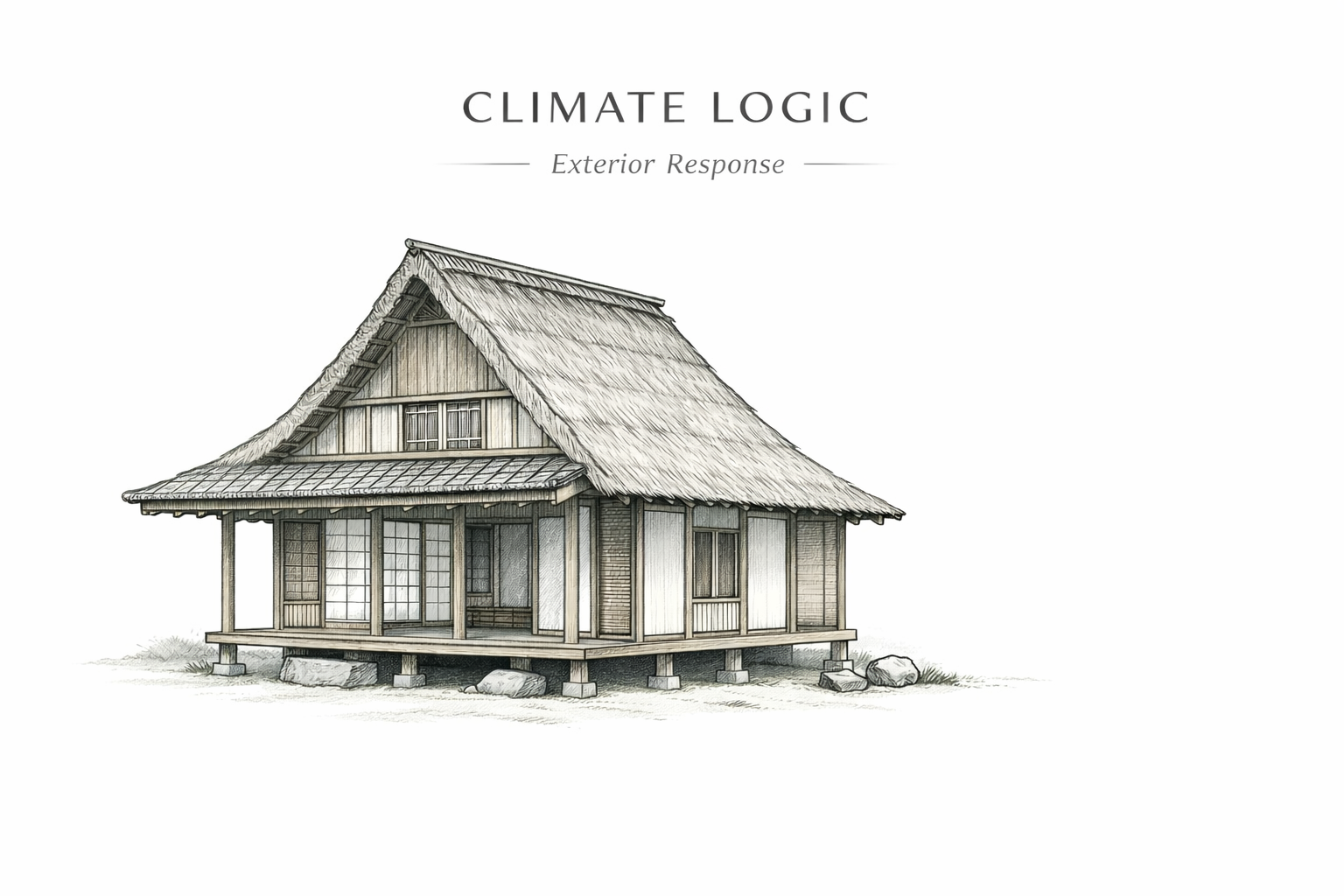 Traditional Japanese house exterior showing deep eaves, steep roof form, and a raised timber base.