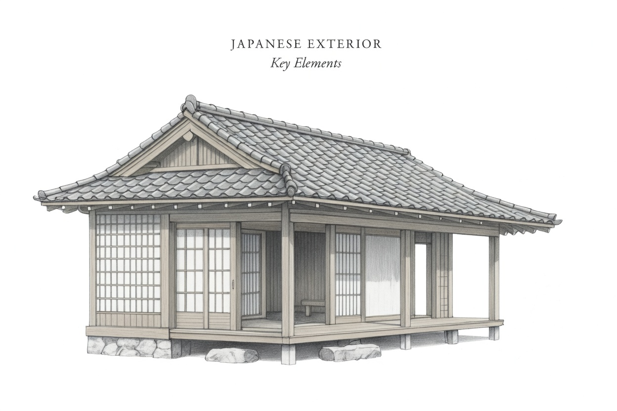 Traditional Japanese house exterior with deep eaves, tiled roof, engawa, and raised base.