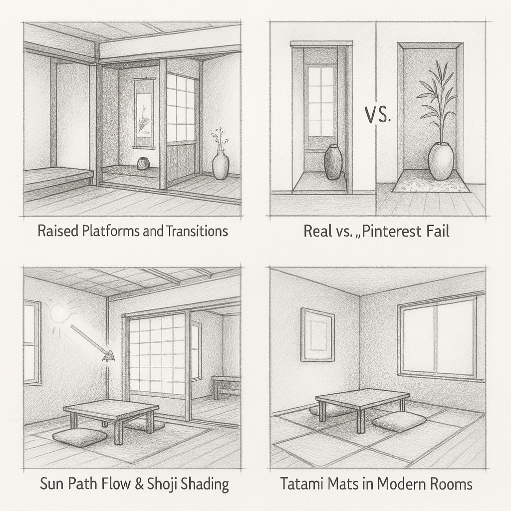 Japanese interior design collage showing a raised tatami platform, shoji shading, tatami room layout, and a real versus decorative alcove comparison.