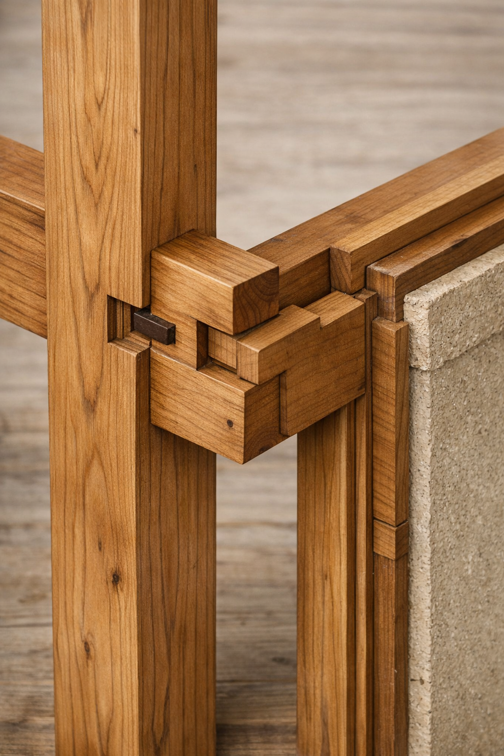 Diagram showing traditional Japanese joinery technique with two beams interlocking without nails