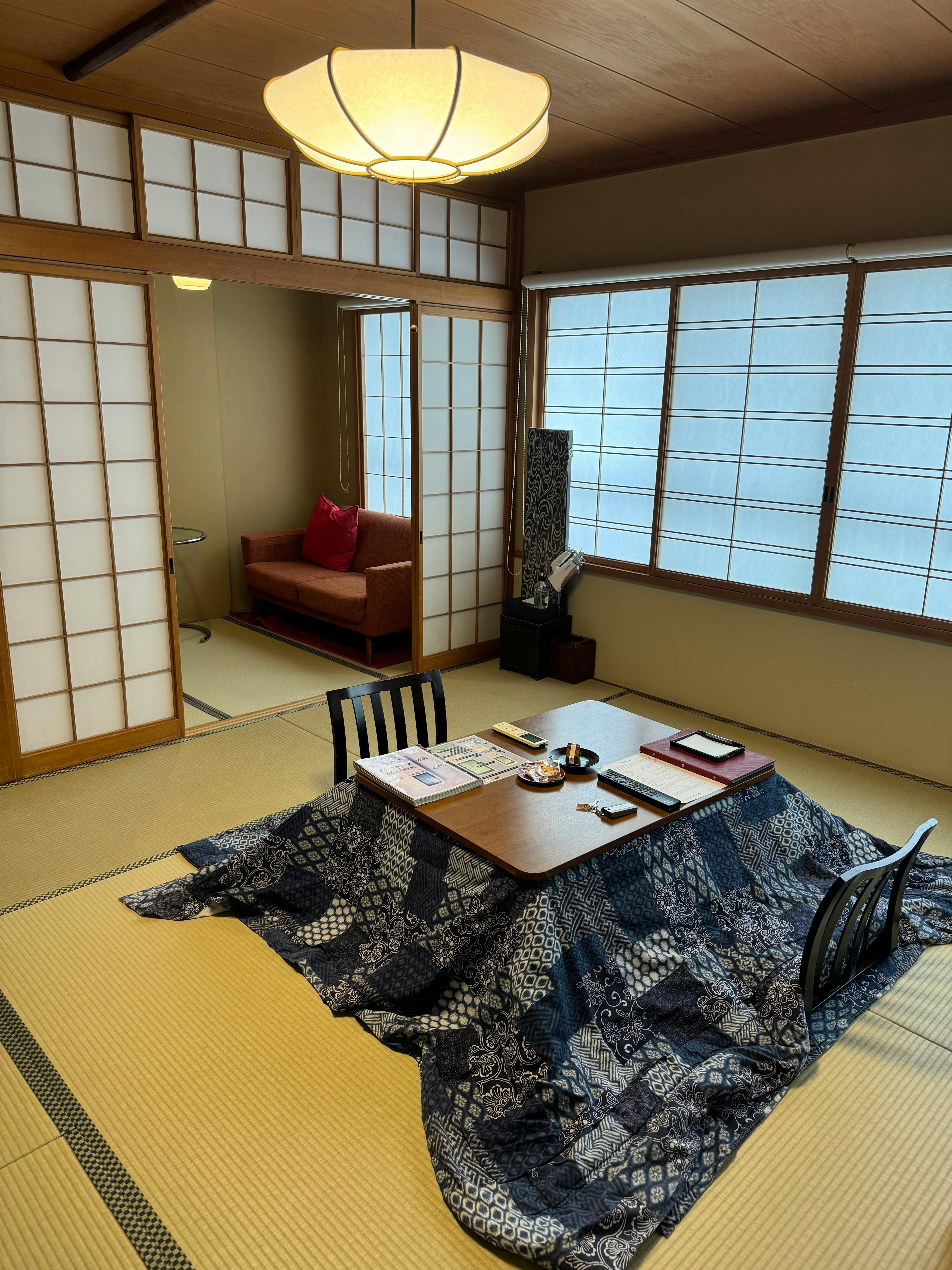 Traditional Japanese room with a Kotatsu table in Takayama, Japan.