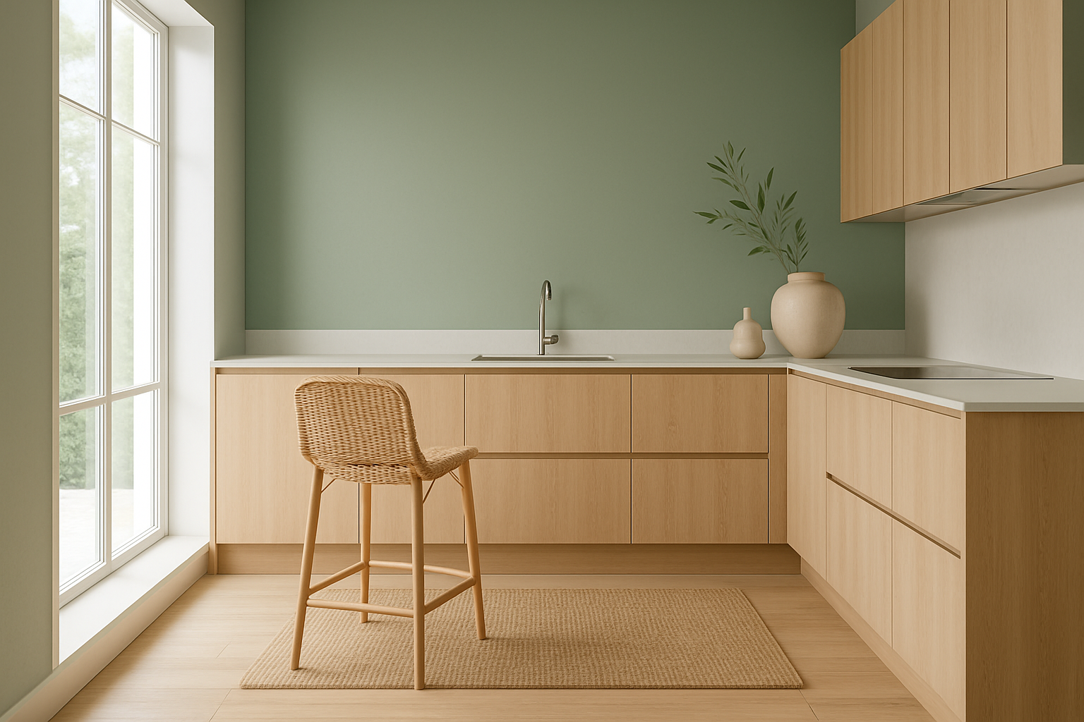 Light oak floors paired with sage green walls, creating an instantly calm atmosphere, enhanced with natural fiber textures.