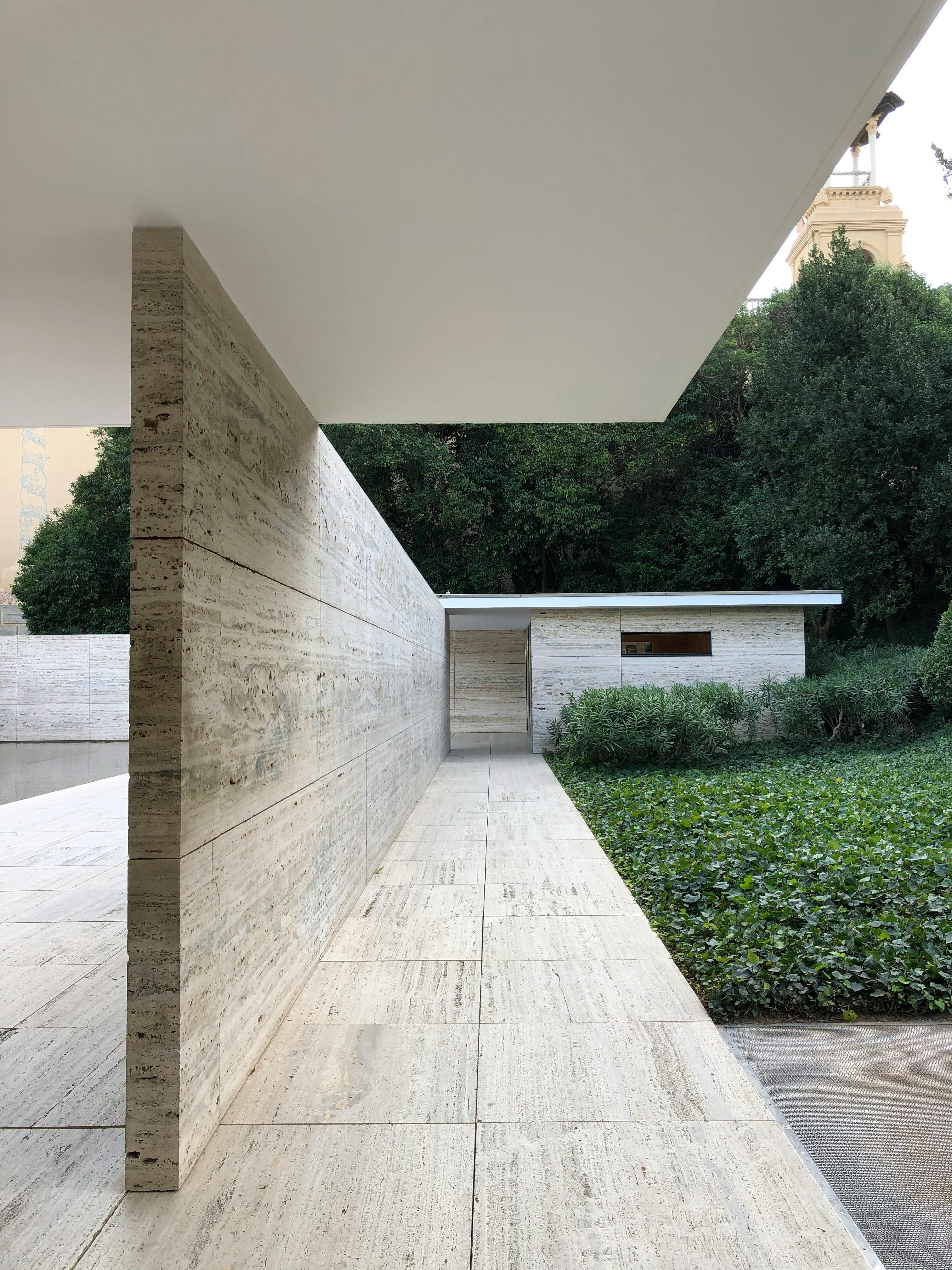 Barcelona Pavilion in Spain, designed by Ludwig Mies van der Rohe, showcasing clean linear forms and minimalist architecture.