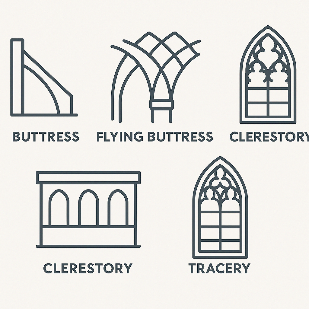 Educational infographic featuring key medieval and Gothic terms like flying buttress, ribbed vault, and clerestory.