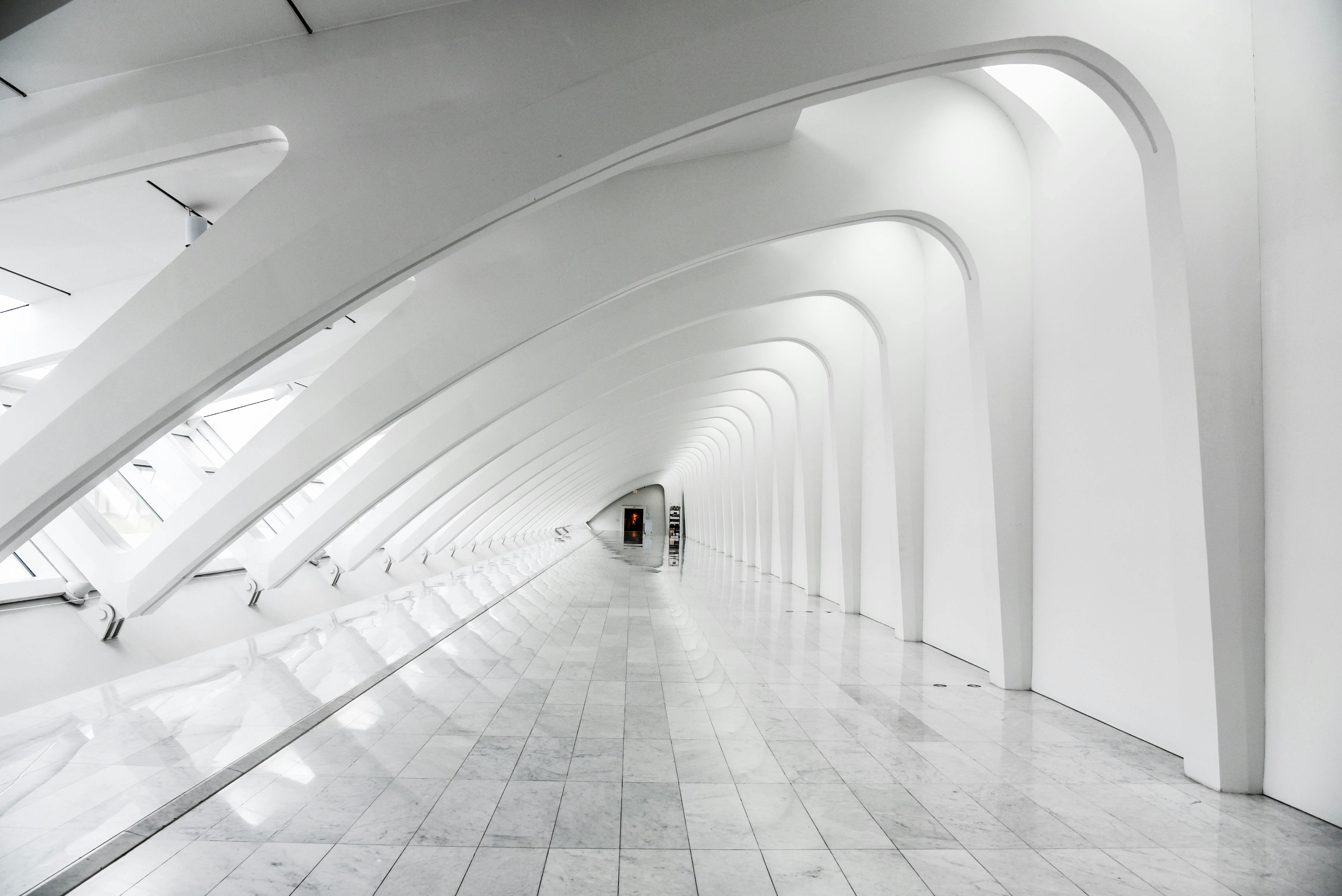 Interior of white dome in Milwaukee, using geometric form to enhance space and light.