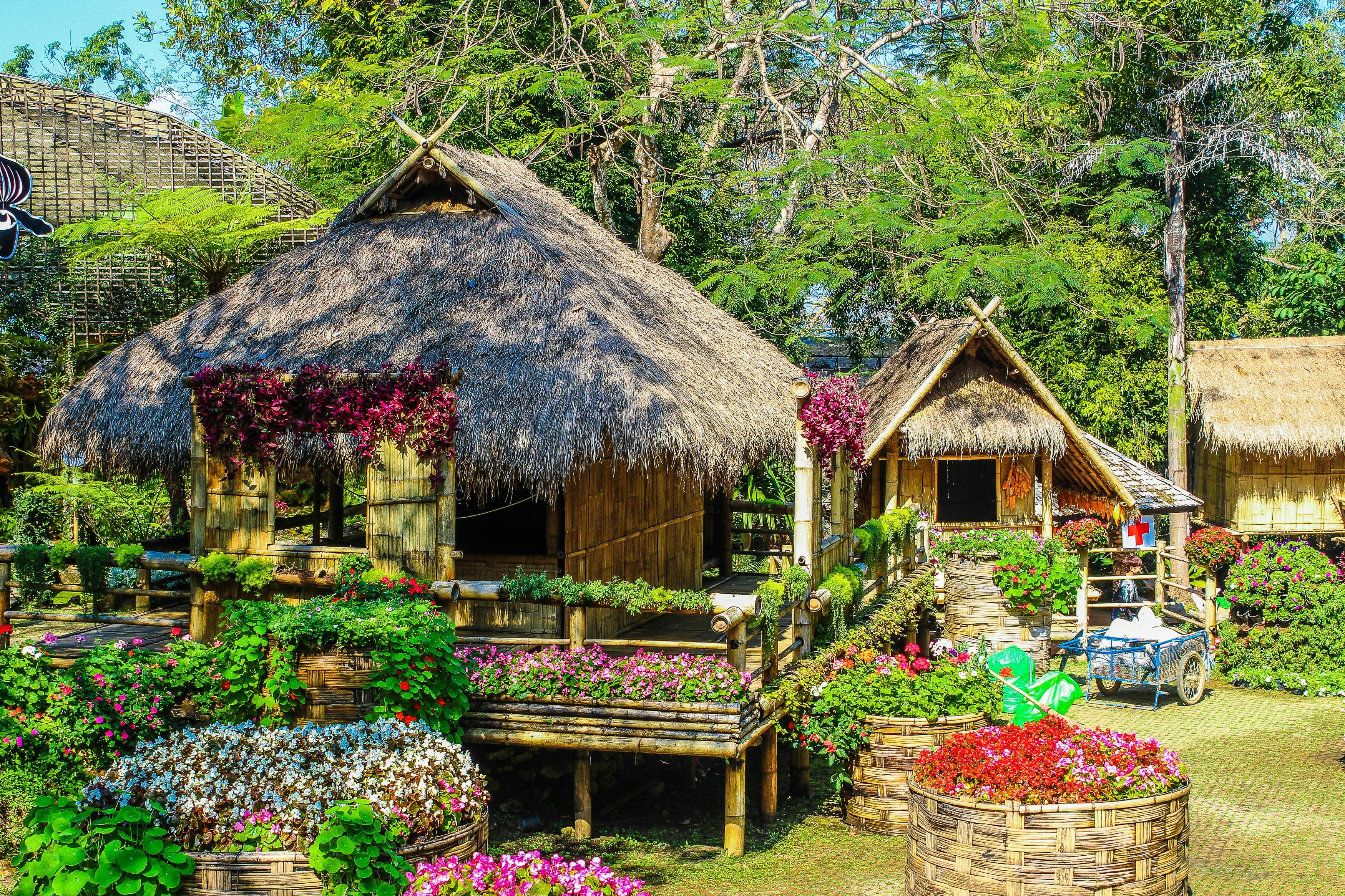 Mud and bamboo huts surrounded by lush greenery, creating a peaceful and serene environment.