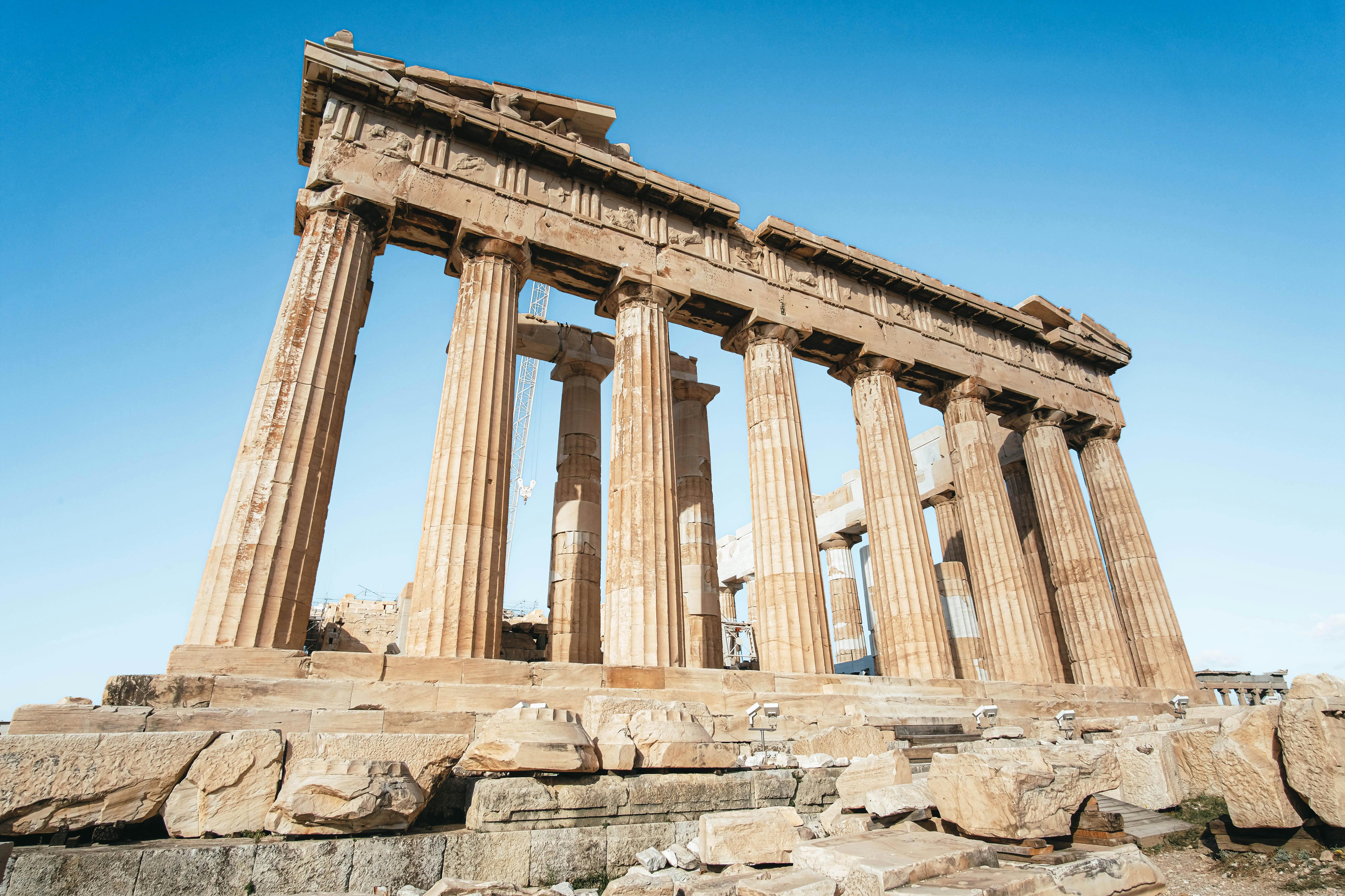 Classical period Parthenon ruins with Doric columns in Athens.