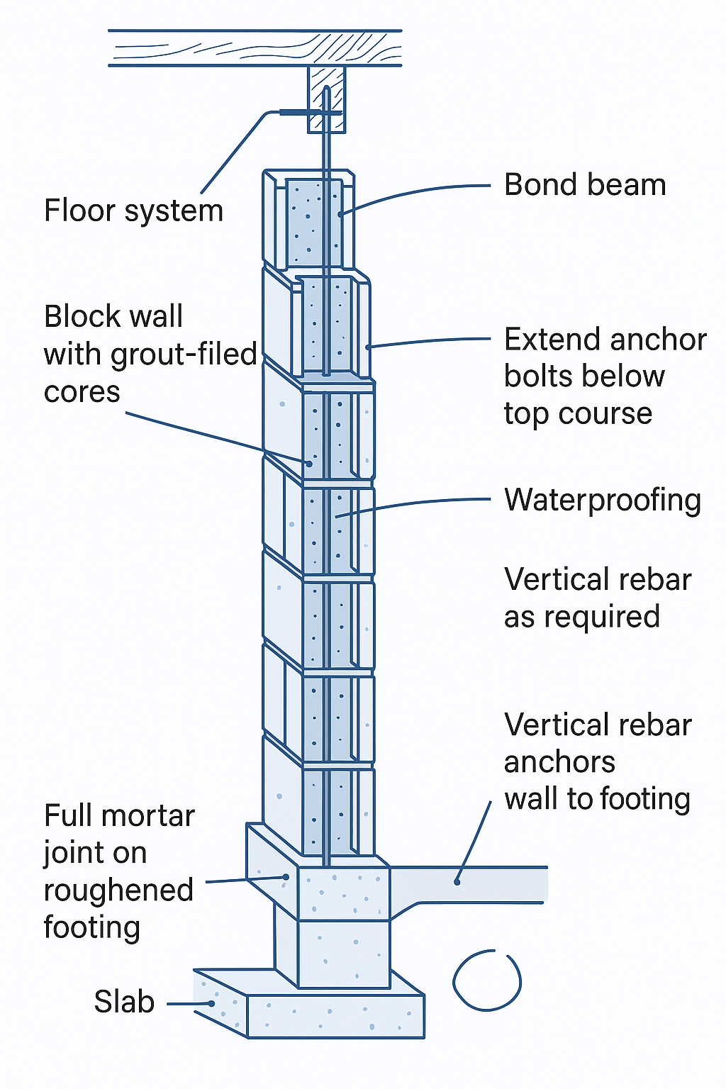 Reinforced concrete block wall section with grout, rebar, bond beam, slab, and footing.