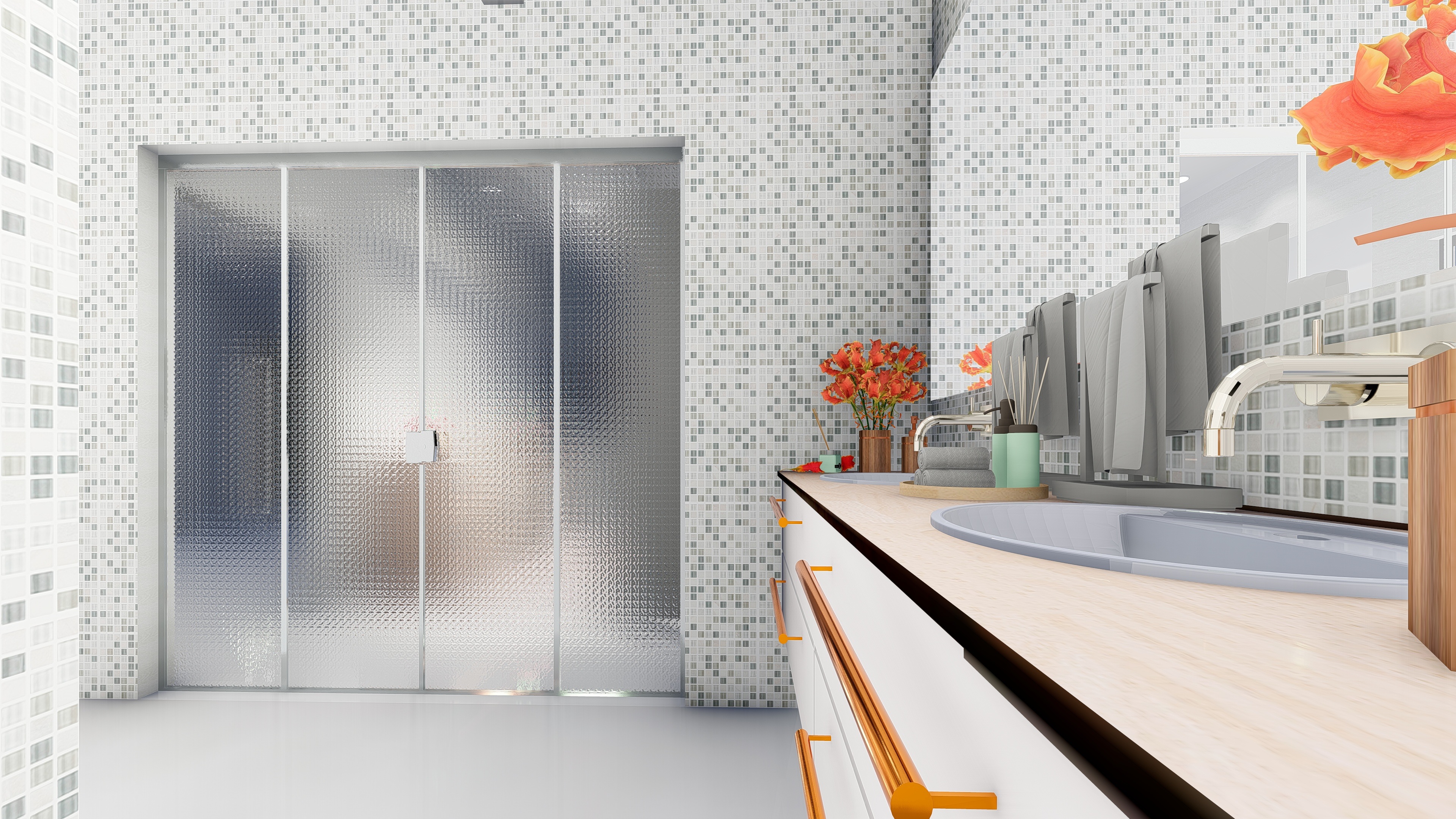 3D rendered view of a modern kitchen interior with sleek cabinets and soft lighting.