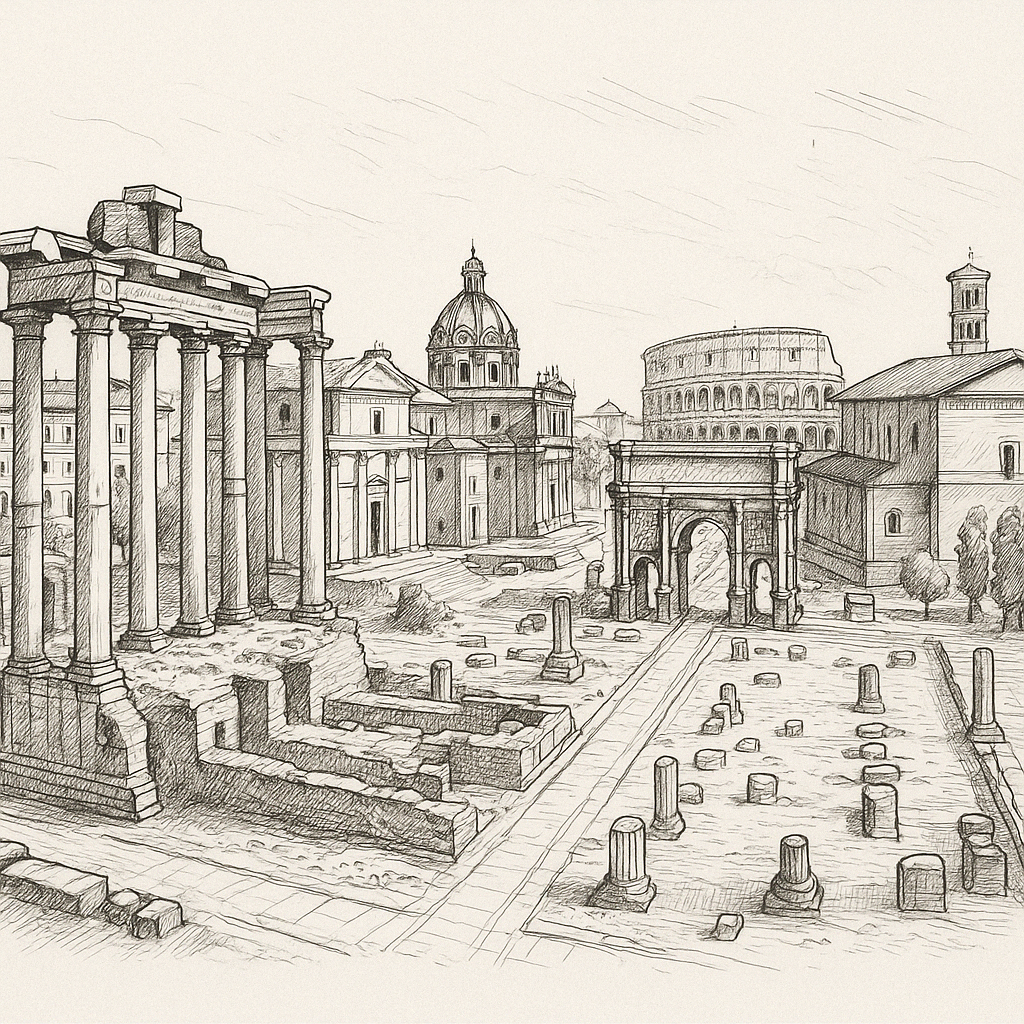 Overview of Roman Forum architecture with arches, and columns.
