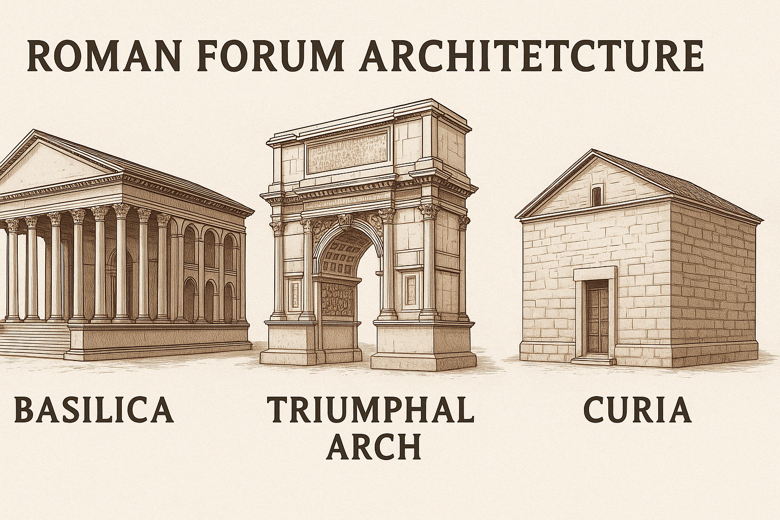 Illustration of Roman Forum showing basilica, triumphal arch, and curia with labeled layout.