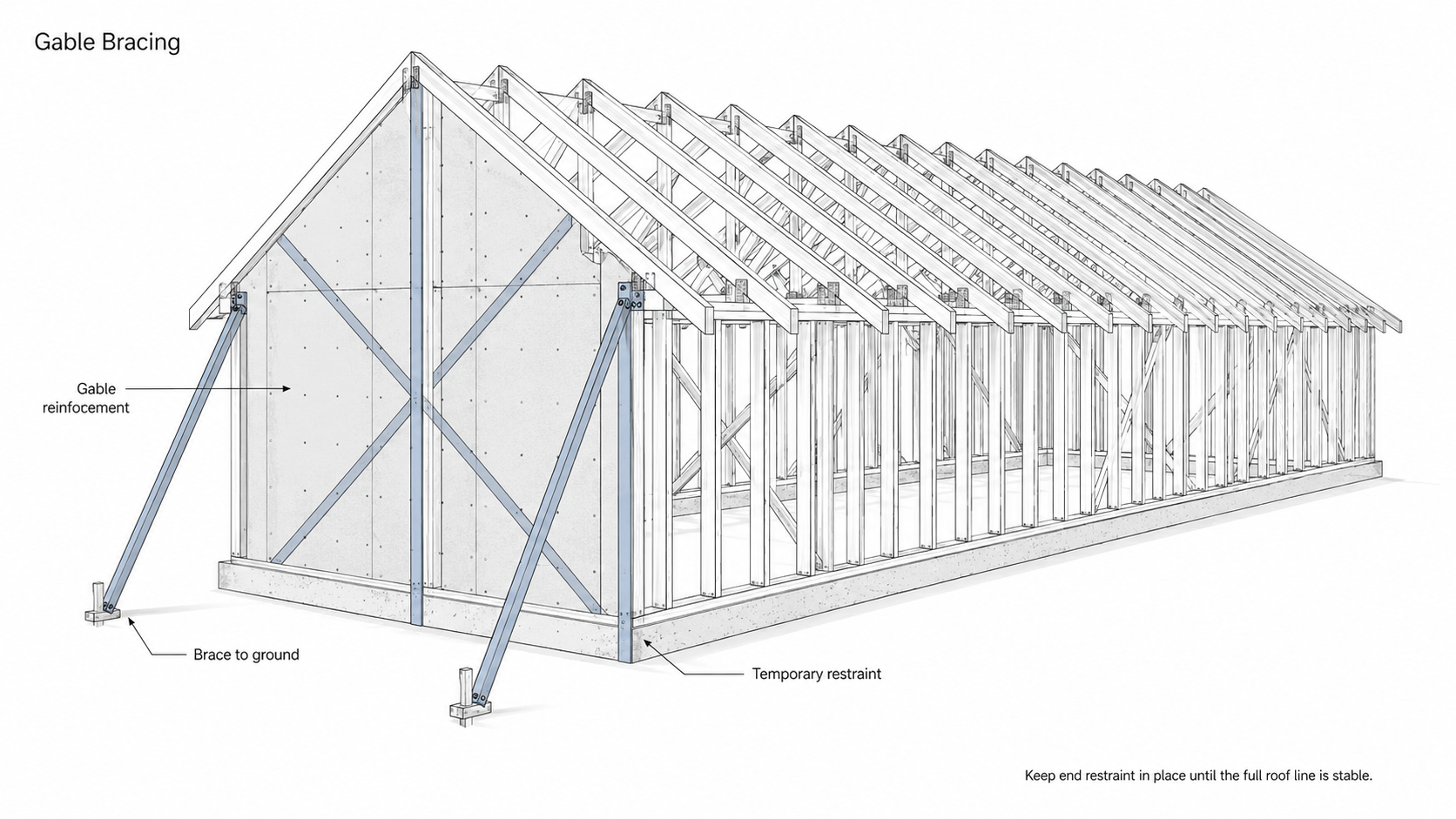Gable-end roof bracing diagram showing temporary ground braces, gable reinforcement, and restraint at the outer truss.