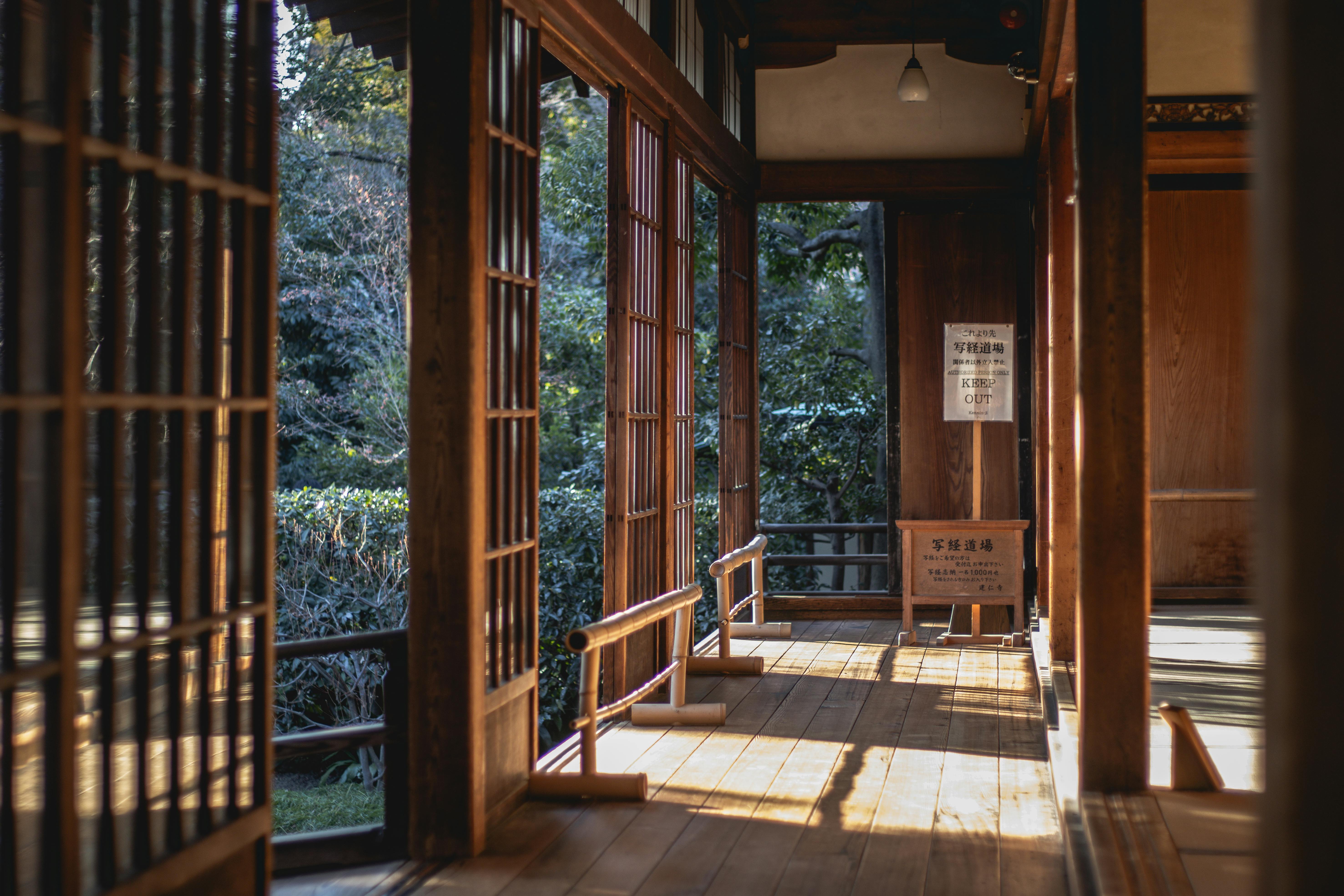 Sunlit interior of a traditional Japanese tea house in Kyoto, Japan.