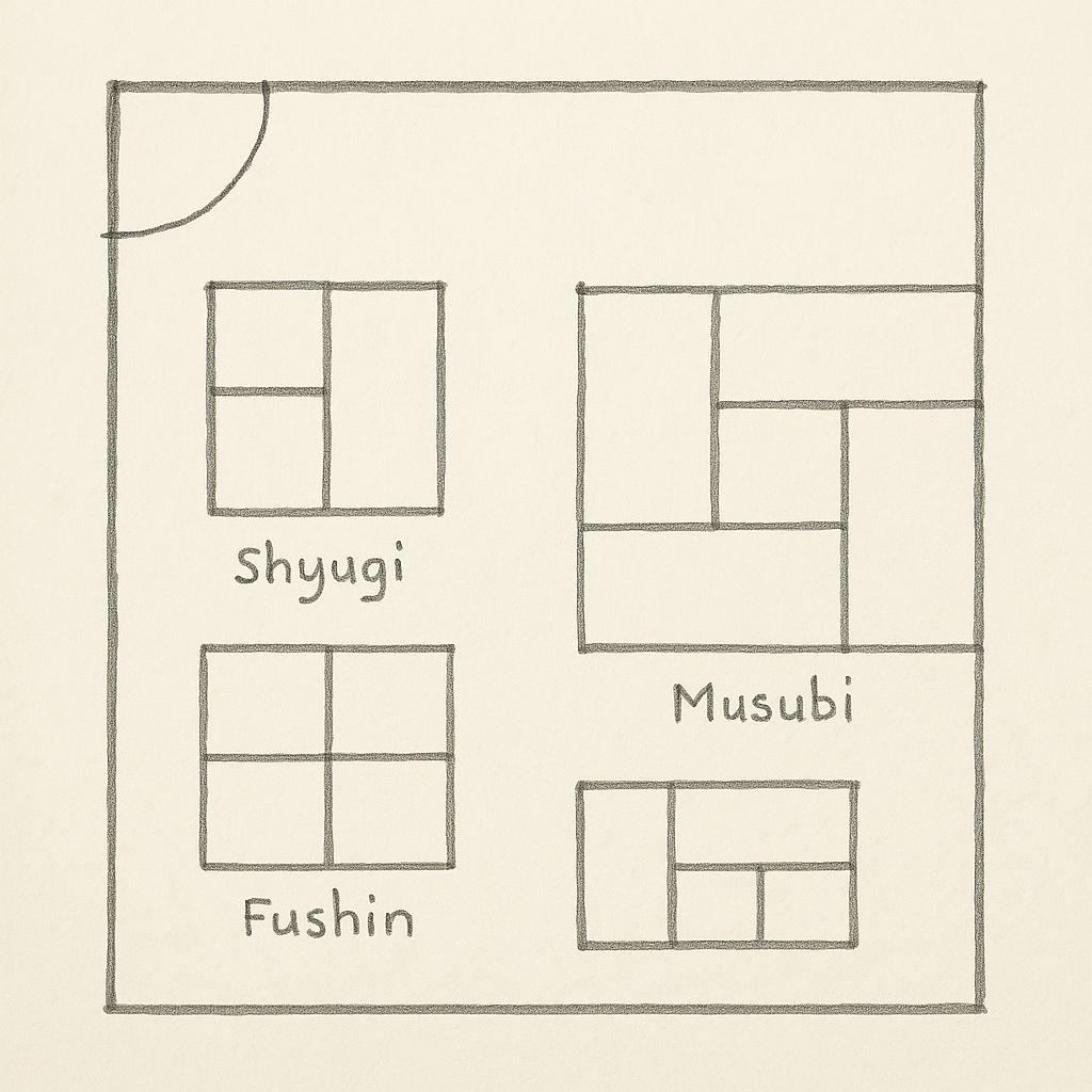 Traditional tatami-based layout emphasizing spatial harmony and flexibility.