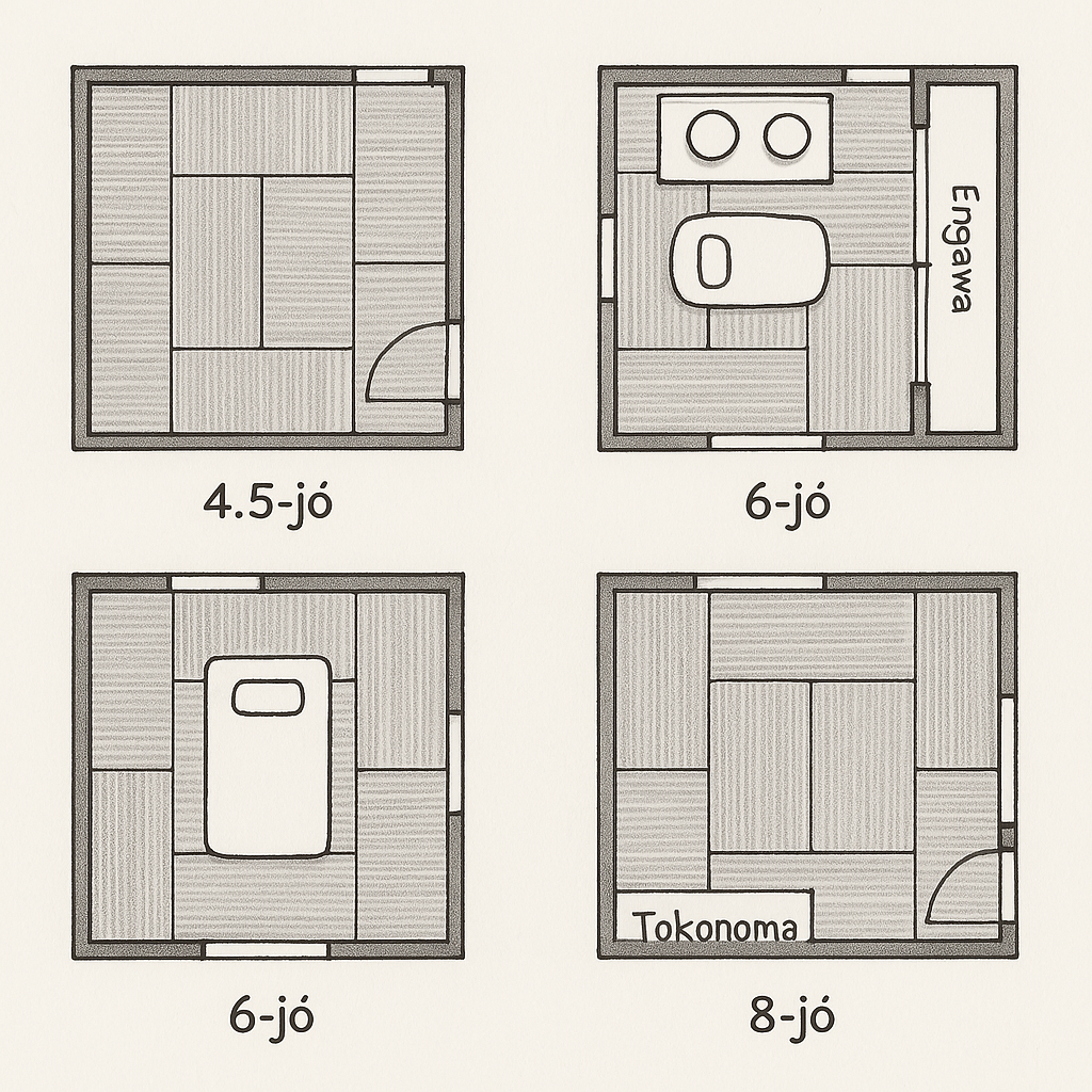 Tatami-based room layouts with different mat counts, including 6-jō and 8-jō.