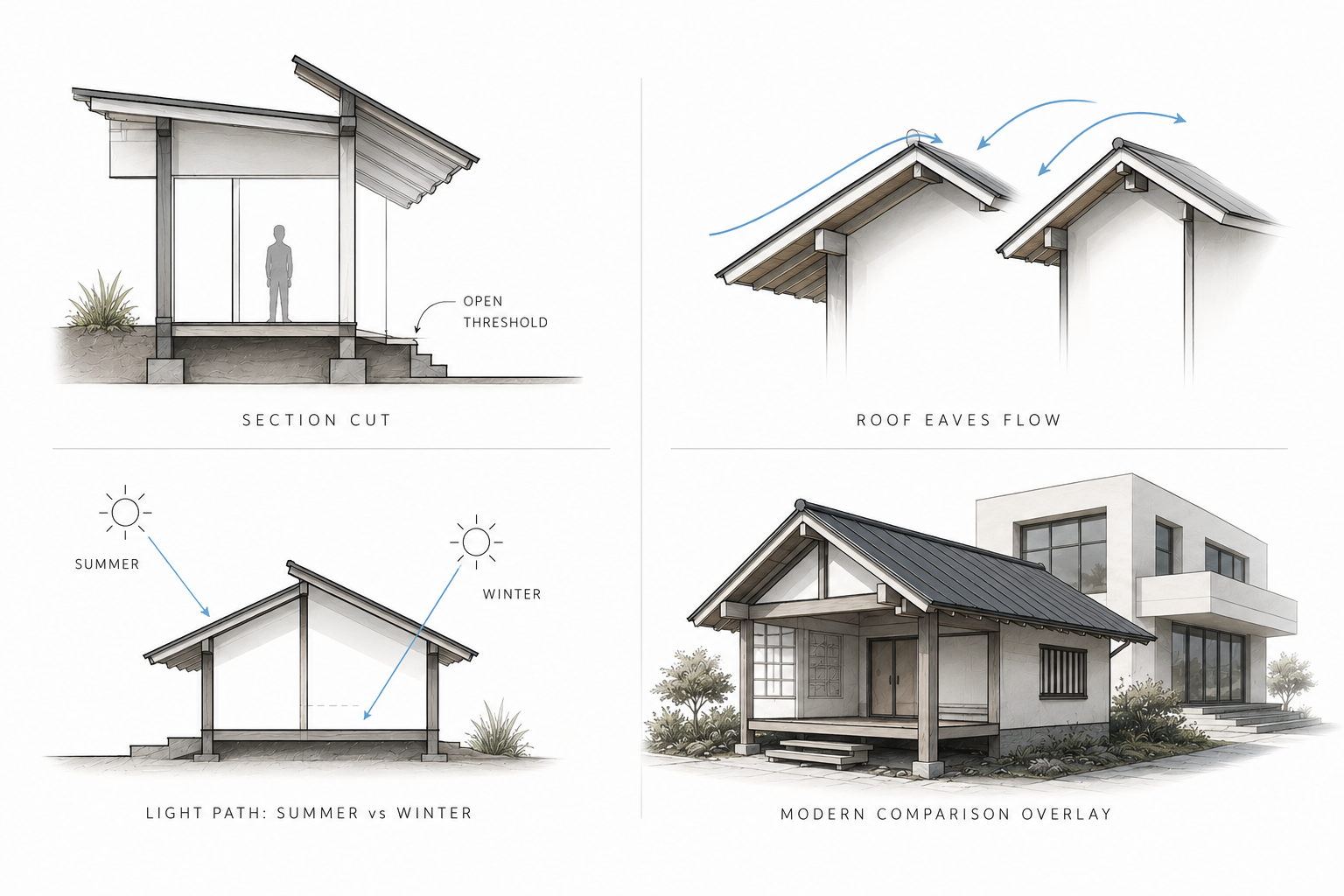 Traditional Japanese architecture diagram showing section cut, roof eaves airflow, seasonal light path, and modern comparison.