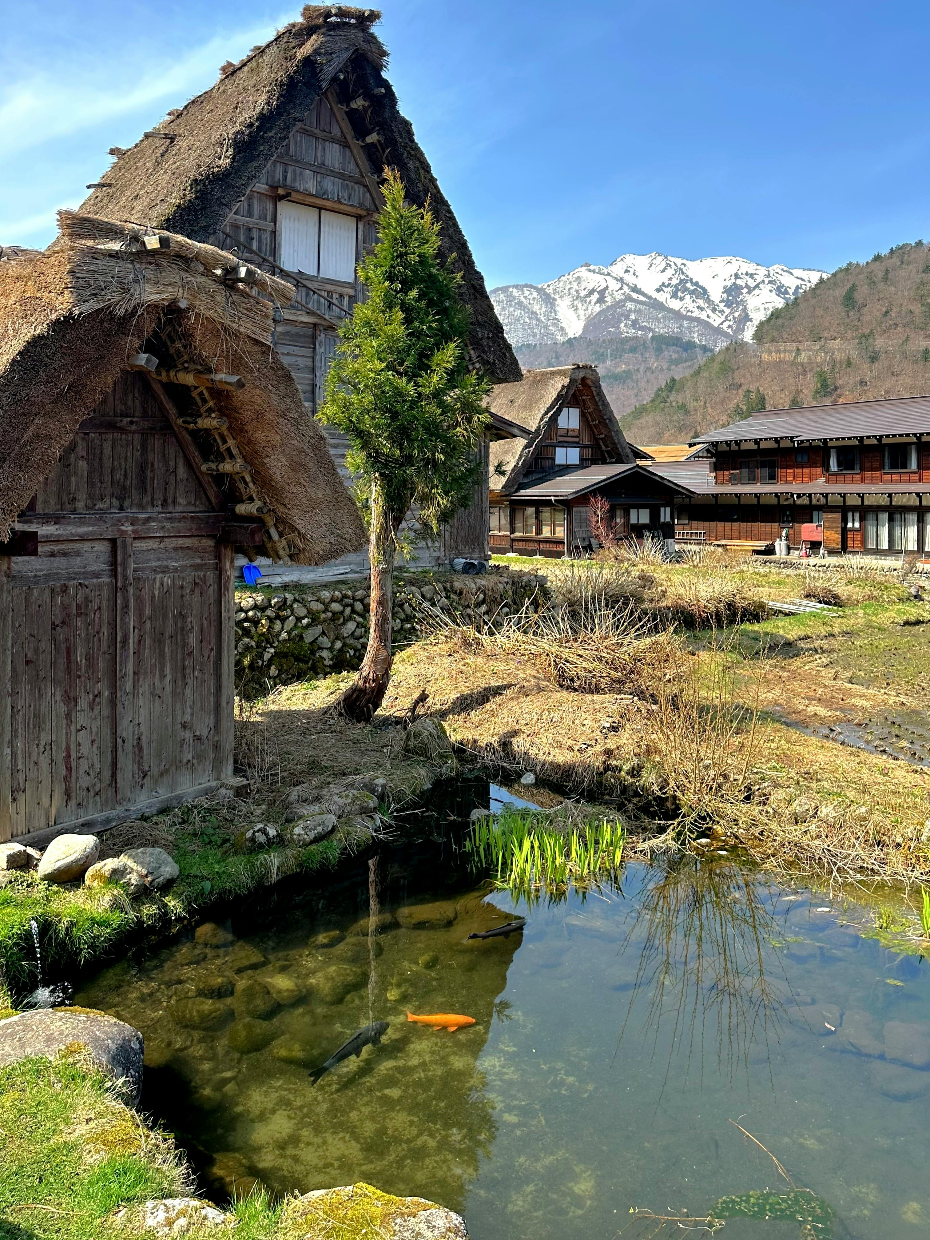 A beautiful traditional Japanese house by a pond in the mountains of Shirakawa, Gifu, Japan.