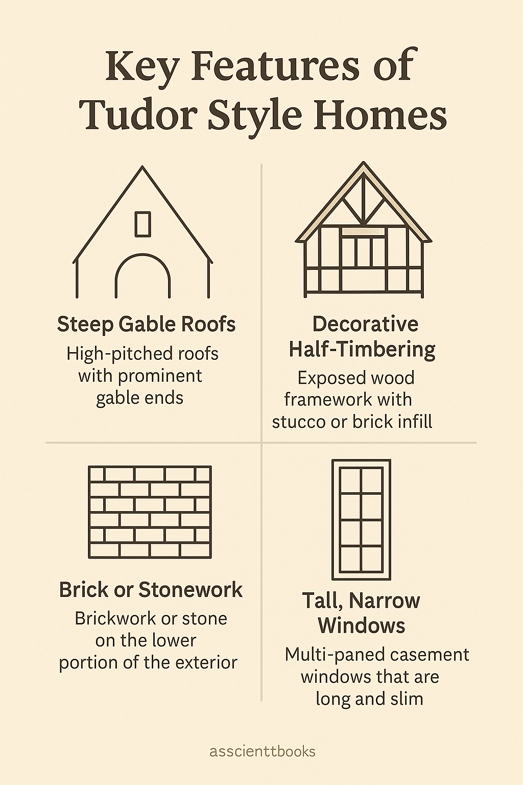 Diagram of key features found in Tudor-style houses, including steep gable roofs, timber framing, leaded glass windows, and tall chimneys