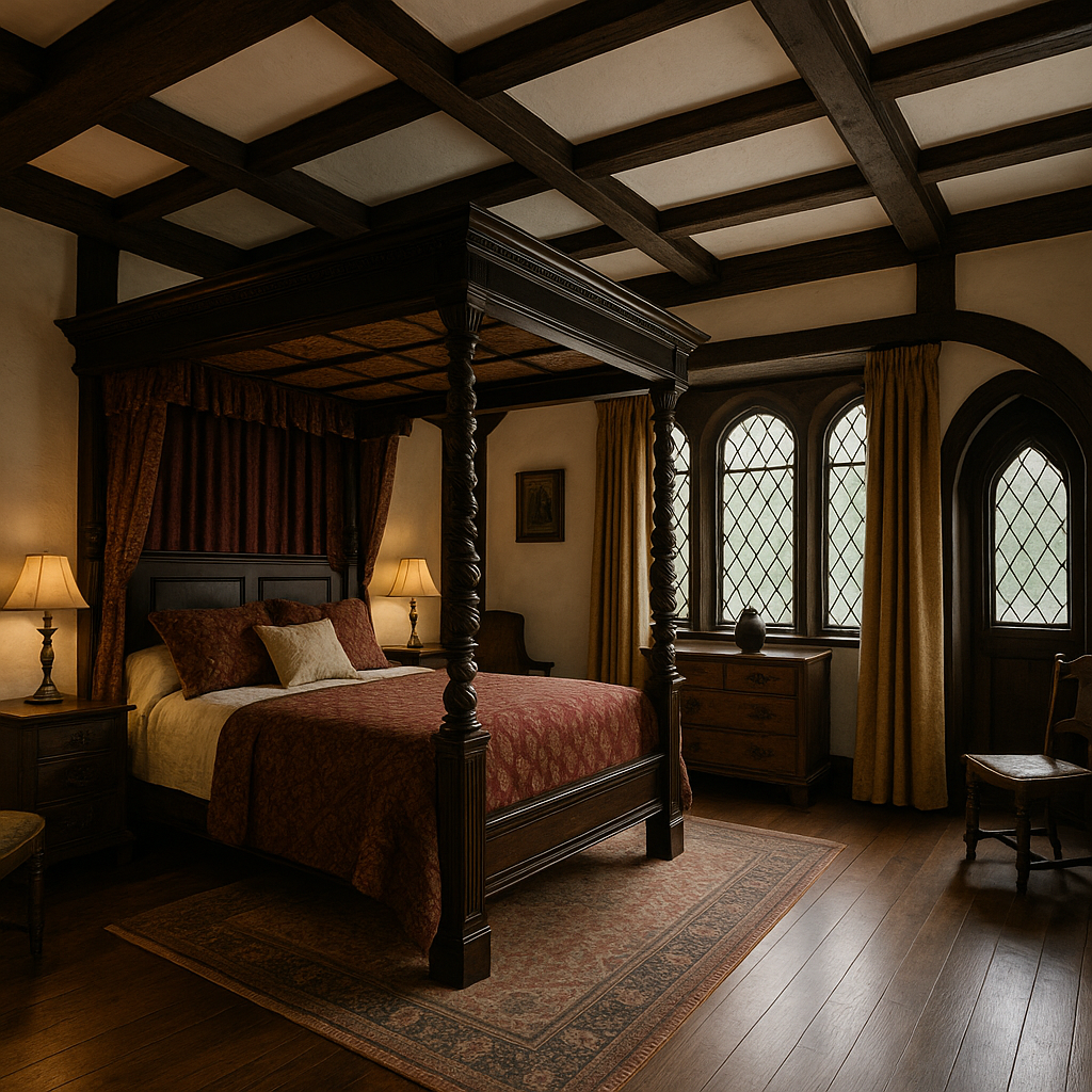 Cozy Tudor-style bedroom with wooden beams, antique furniture, and a warm, rustic ambiance