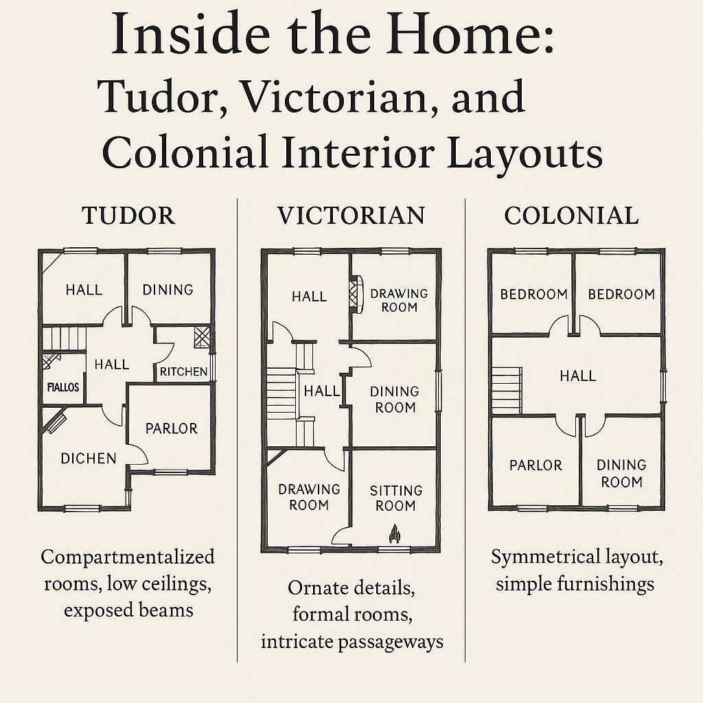 Infographic showing simplified floor plans and interior features of Tudor, Victorian, and Colonial homes, including fireplaces, windows, and beams.