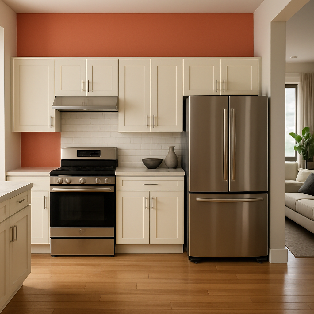 A lively kitchen with coral and cream cabinetry, offering a fresh and vibrant feel.