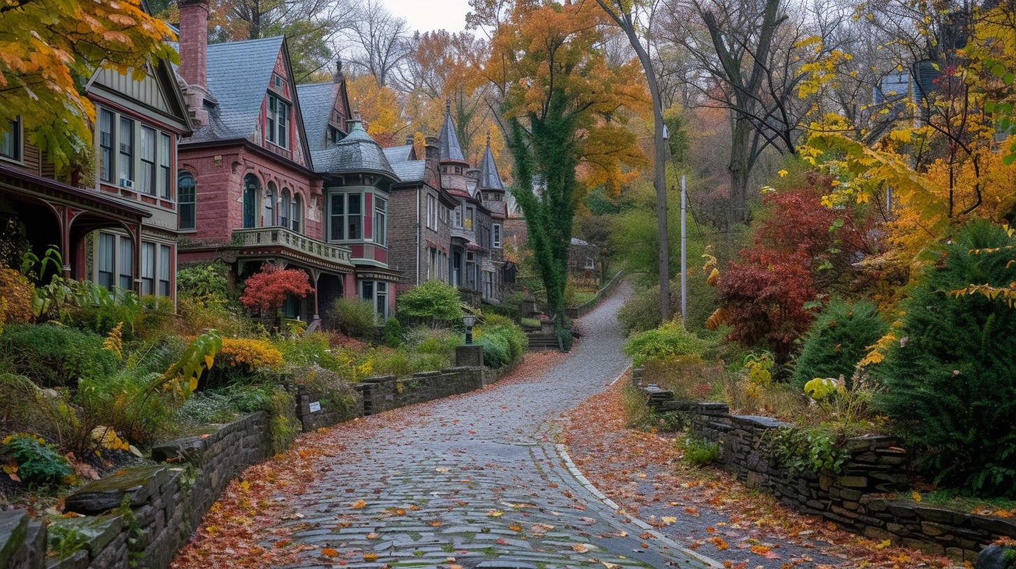 Image: A peaceful scene with a cobblestone path, Victorian homes, and colorful fall leaves