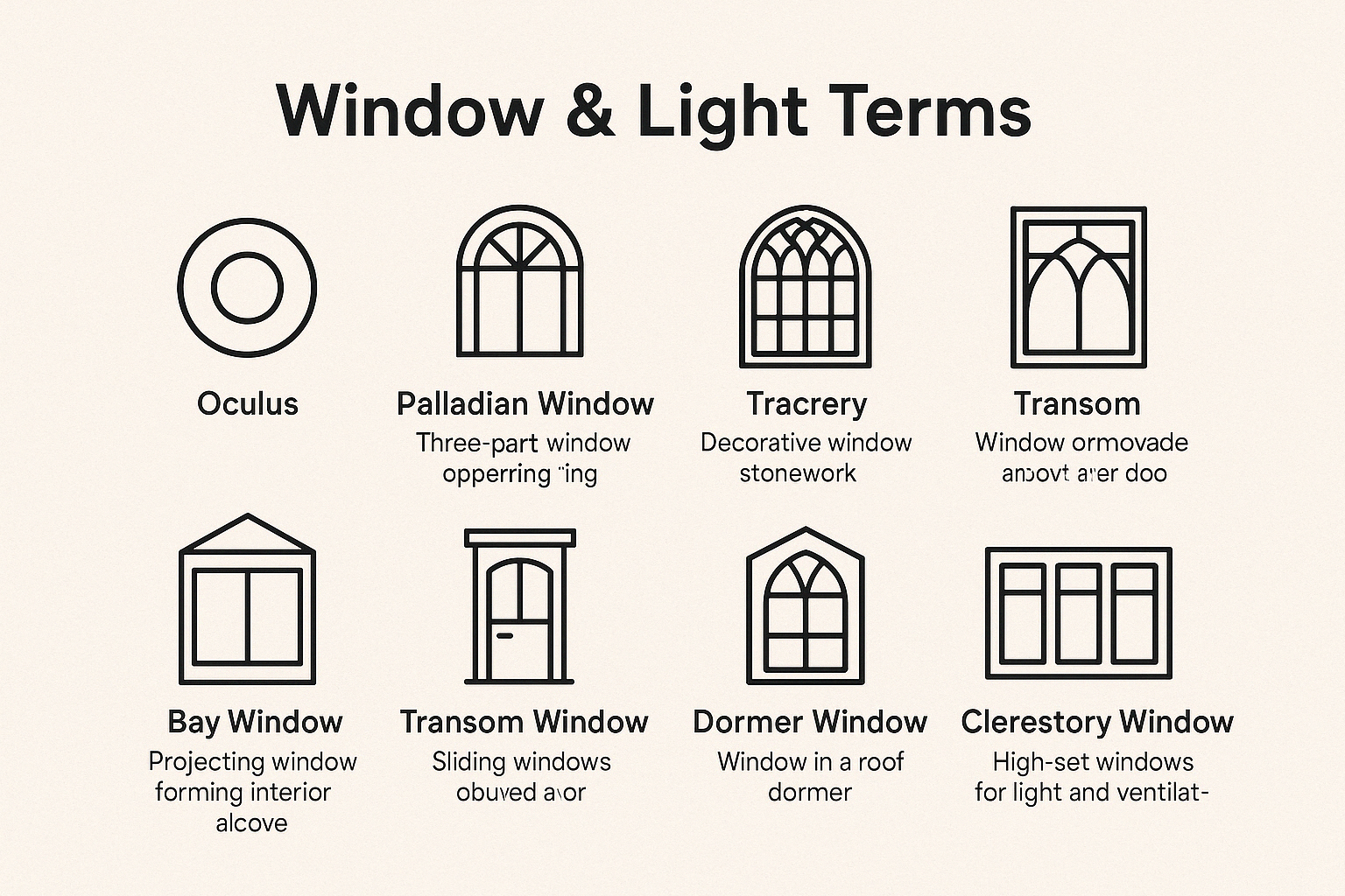 Educational infographic highlighting window and light terms like oculus, clerestory, and bay window with visuals.