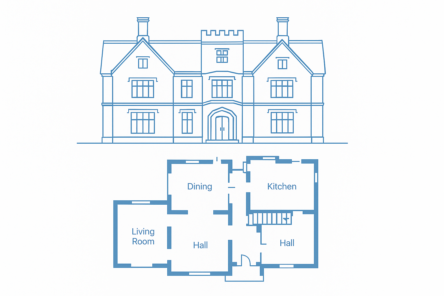 1850s house with blueprint showing exterior layout.