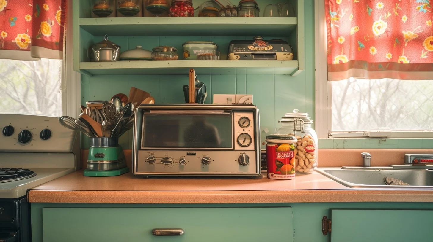  Cozy tiny 1950s kitchen with teal cabinets and curtains.