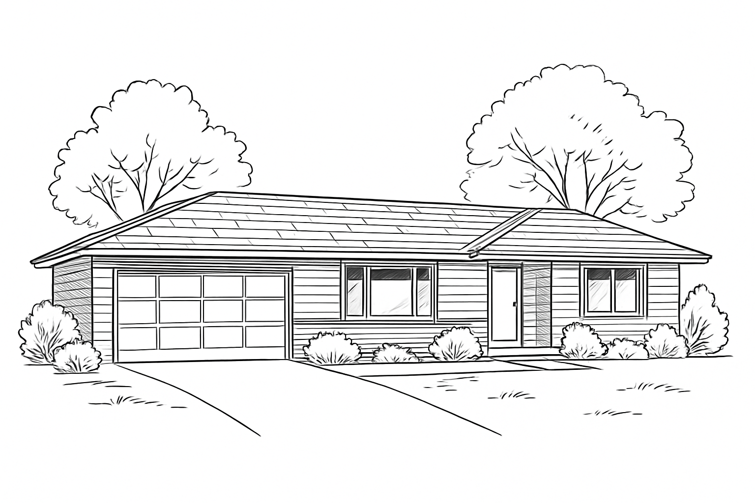 Exterior drawing of a 1970s single-story ranch-style home with a low-pitched roof, large windows, and attached garage.