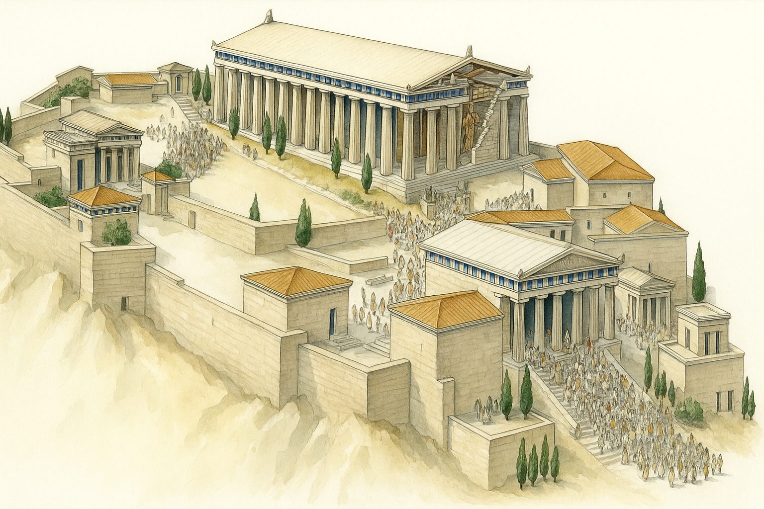 Reconstruction of Athens’ Acropolis showing the Parthenon with cutaway interior, surrounding civic structures, and processions of ancient Greeks.