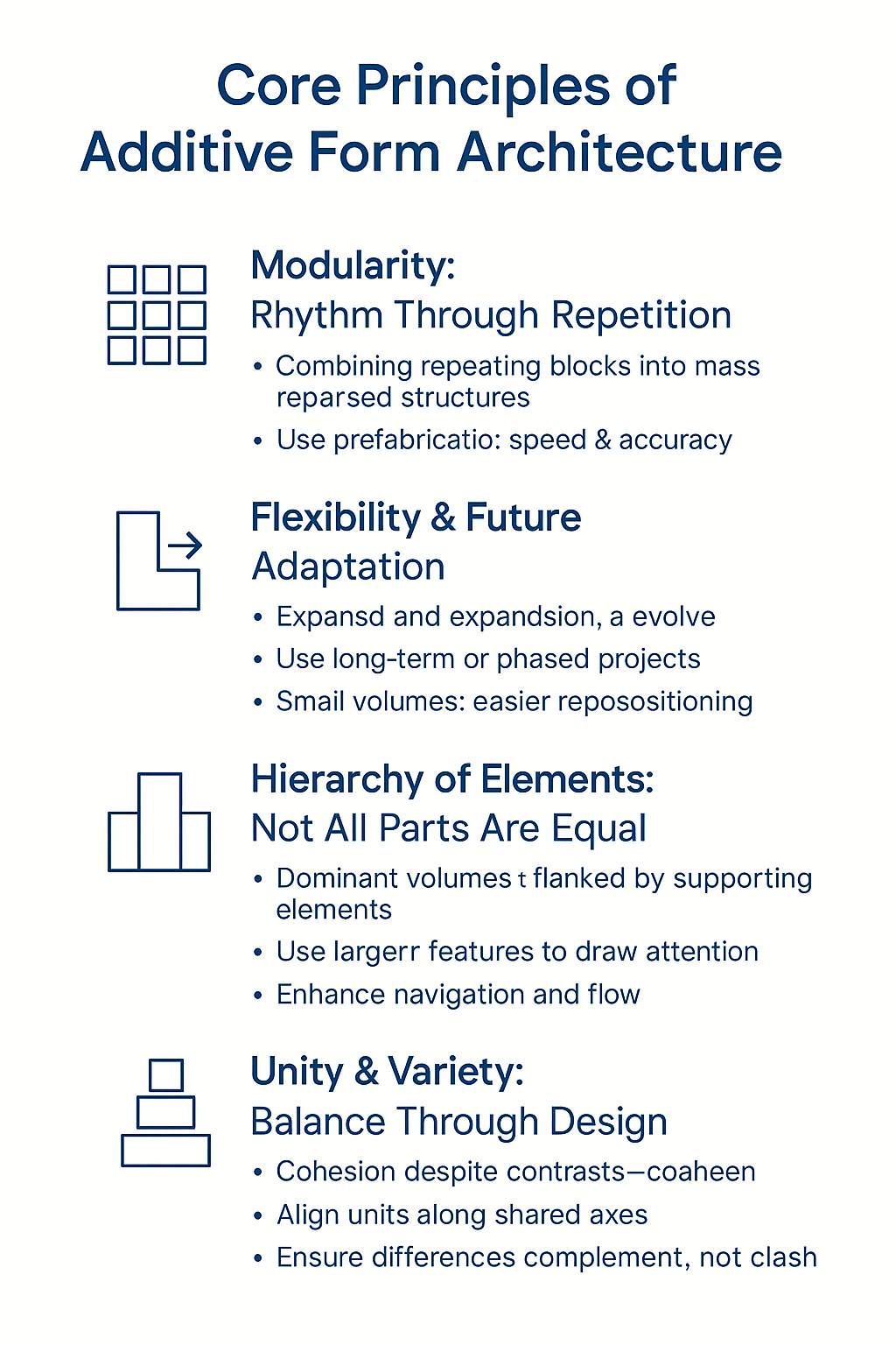 Infographic illustrating core additive form concepts like modularity, adaptability, spatial hierarchy, and unity in architectural design.