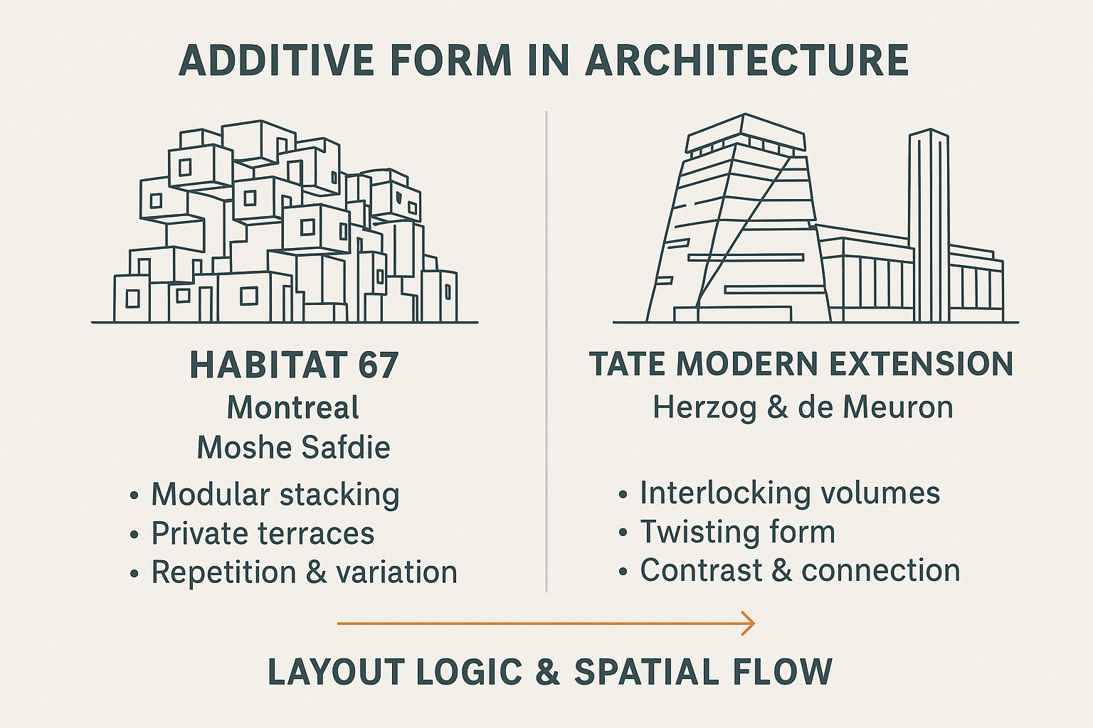 Infographic comparing Habitat 67 by Moshe Safdie and the Tate Modern Extension by Herzog & de Meuron, showing modular stacking and interlocking volumes.