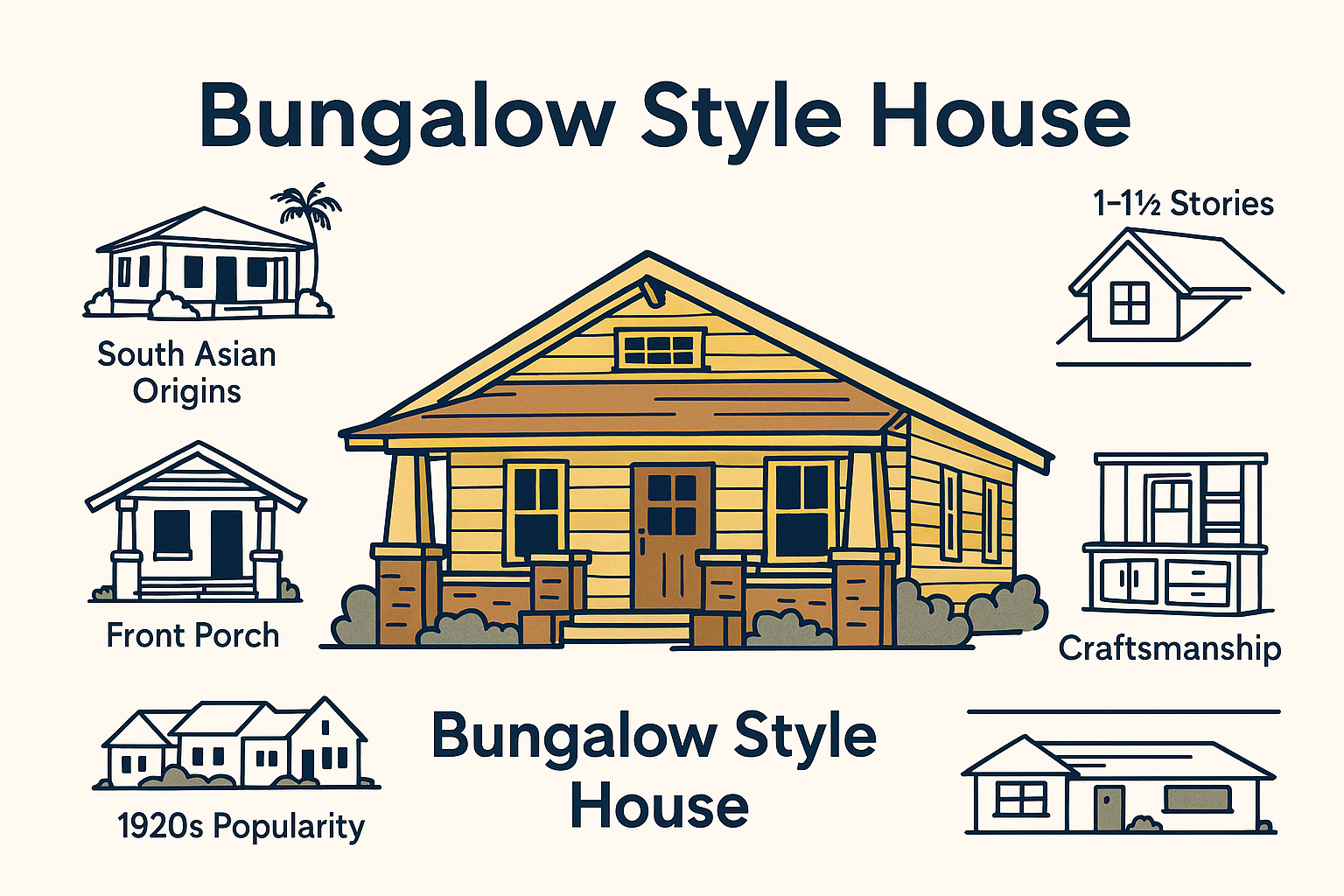 Infographic showing features of different types of  classic bungalow house including porch, low-pitched roof, and compact layout.