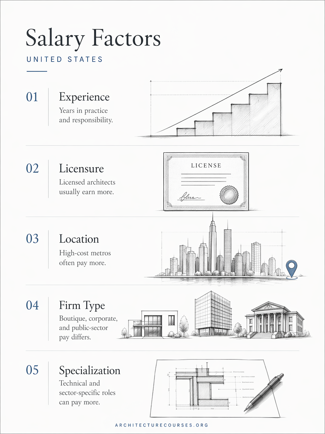 Architect salary factors in the United States, including experience, licensure, location, firm type, and specialization.