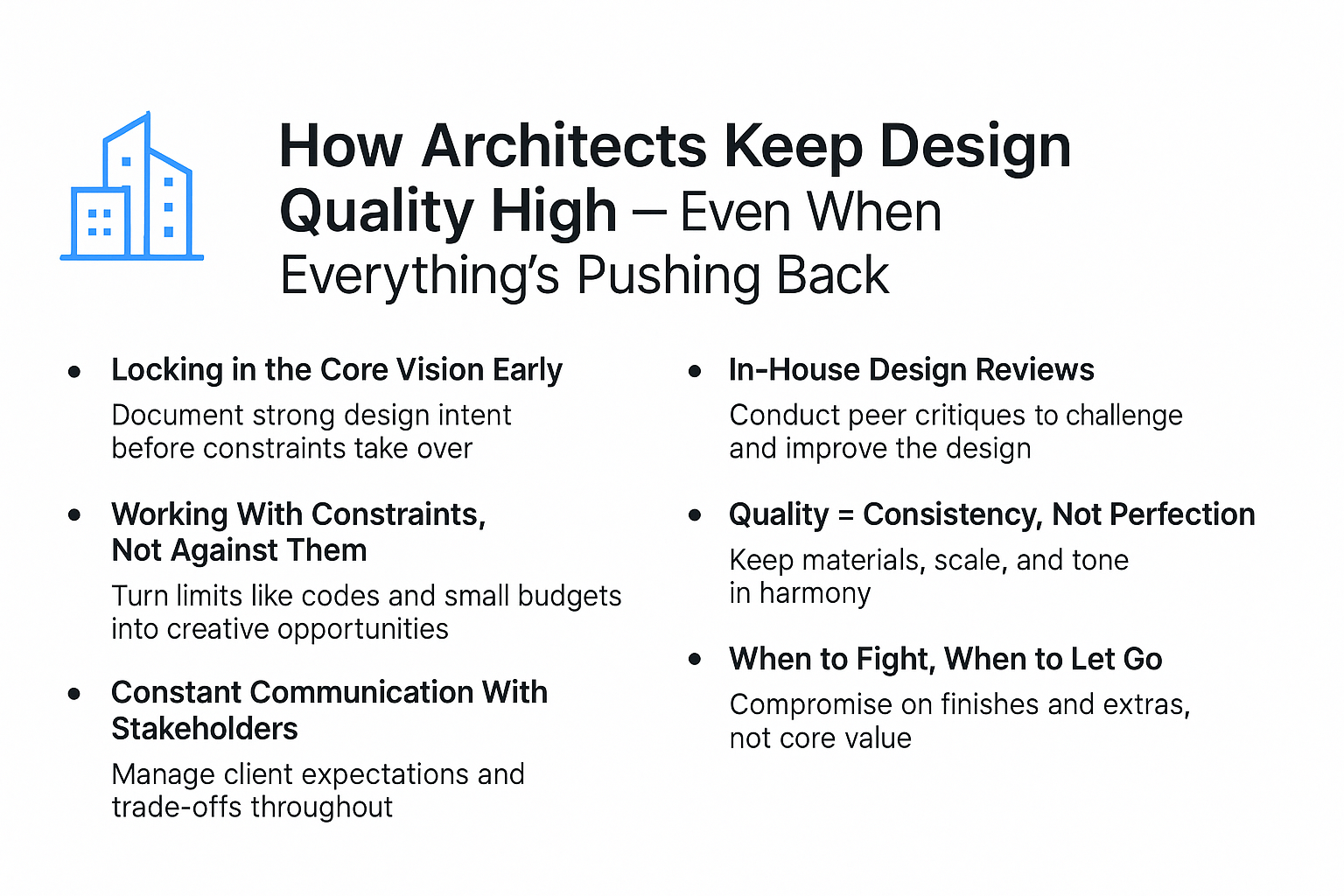 Infographic showing architects' tools, methods, and billing steps.