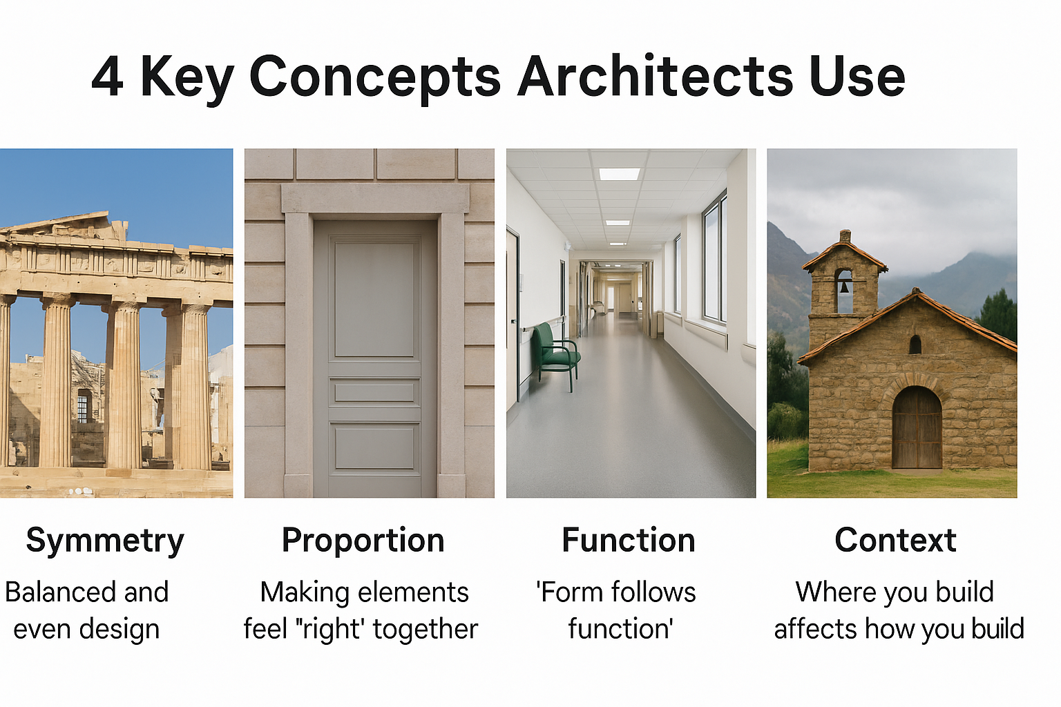 Real-world visuals of symmetry, proportion, function, and context in architecture