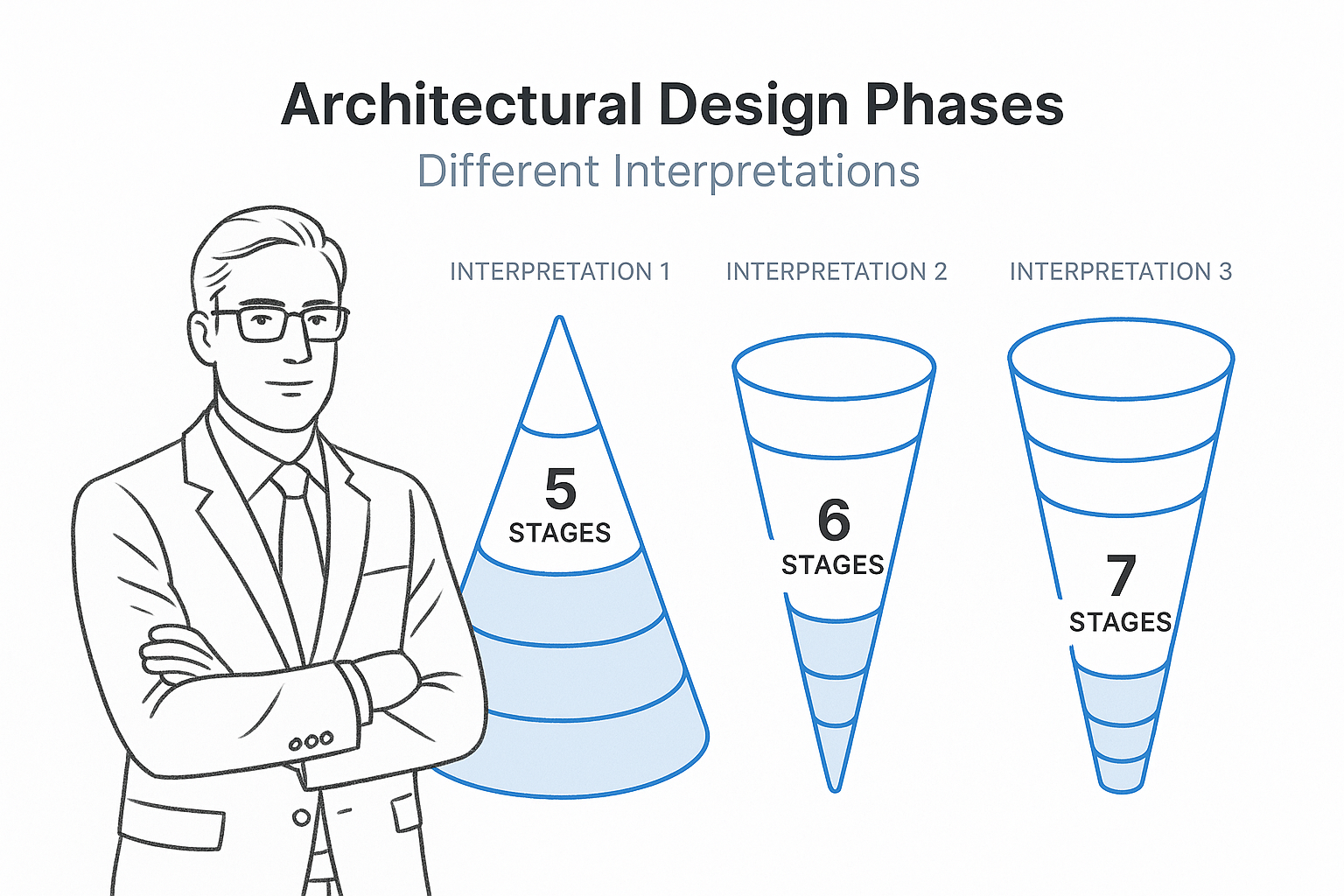 Comparison diagram of 5, 6, and 7-phase architectural design frameworks with labeled stages and connecting arrows