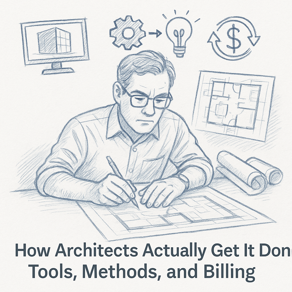  Showing core tools and methods used in the architectural design process, including BIM, hand drafting, model making, and concept diagrams.