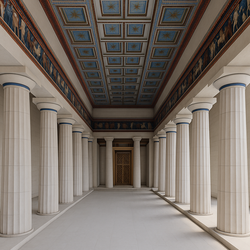 Interior of the Parthenon showing Doric columns, coffered ceiling, and painted frieze.